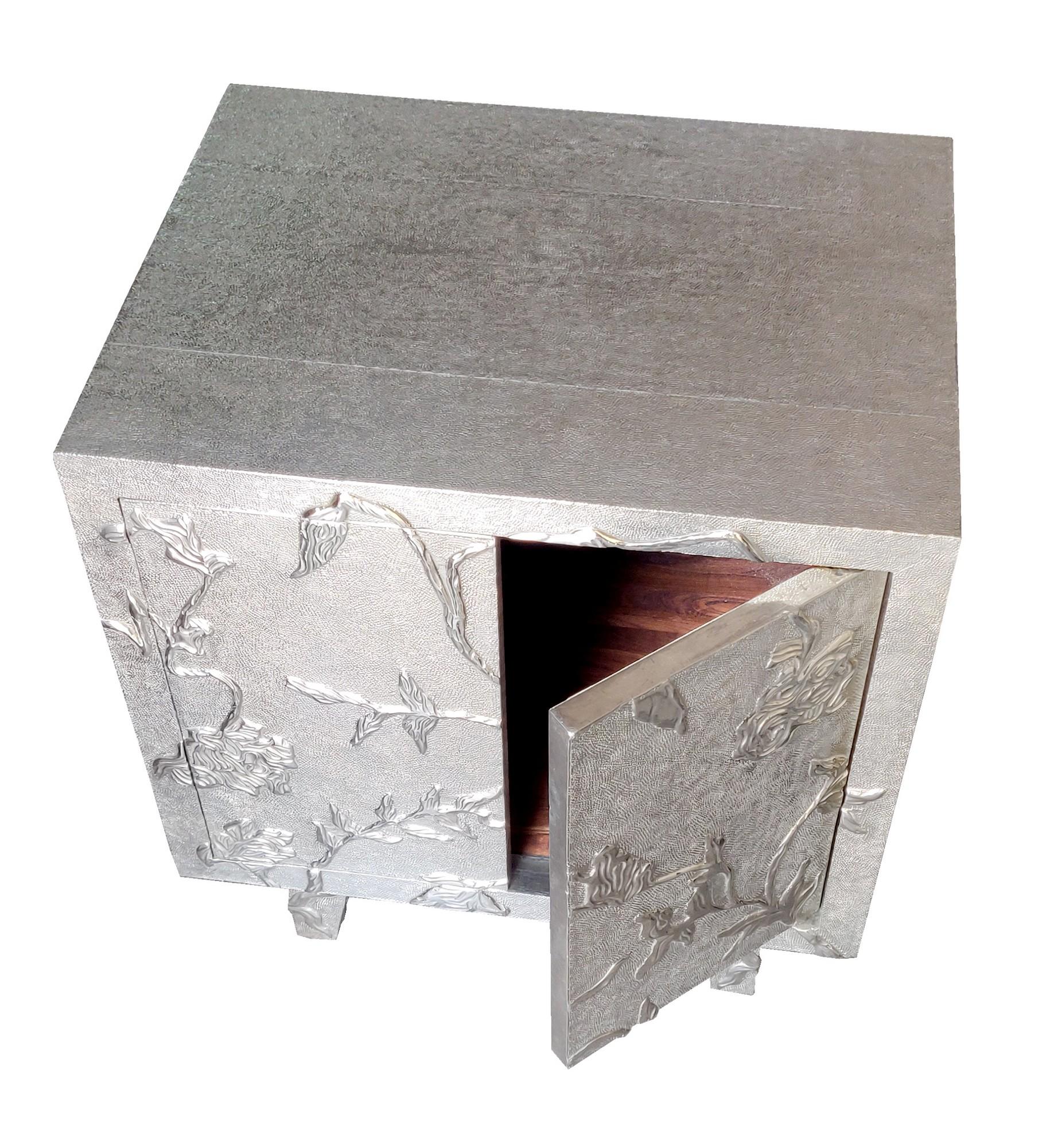 Contemporary Floral Nightstand in White Bronze Clad Over Teak Wood Handcrafted In India For Sale