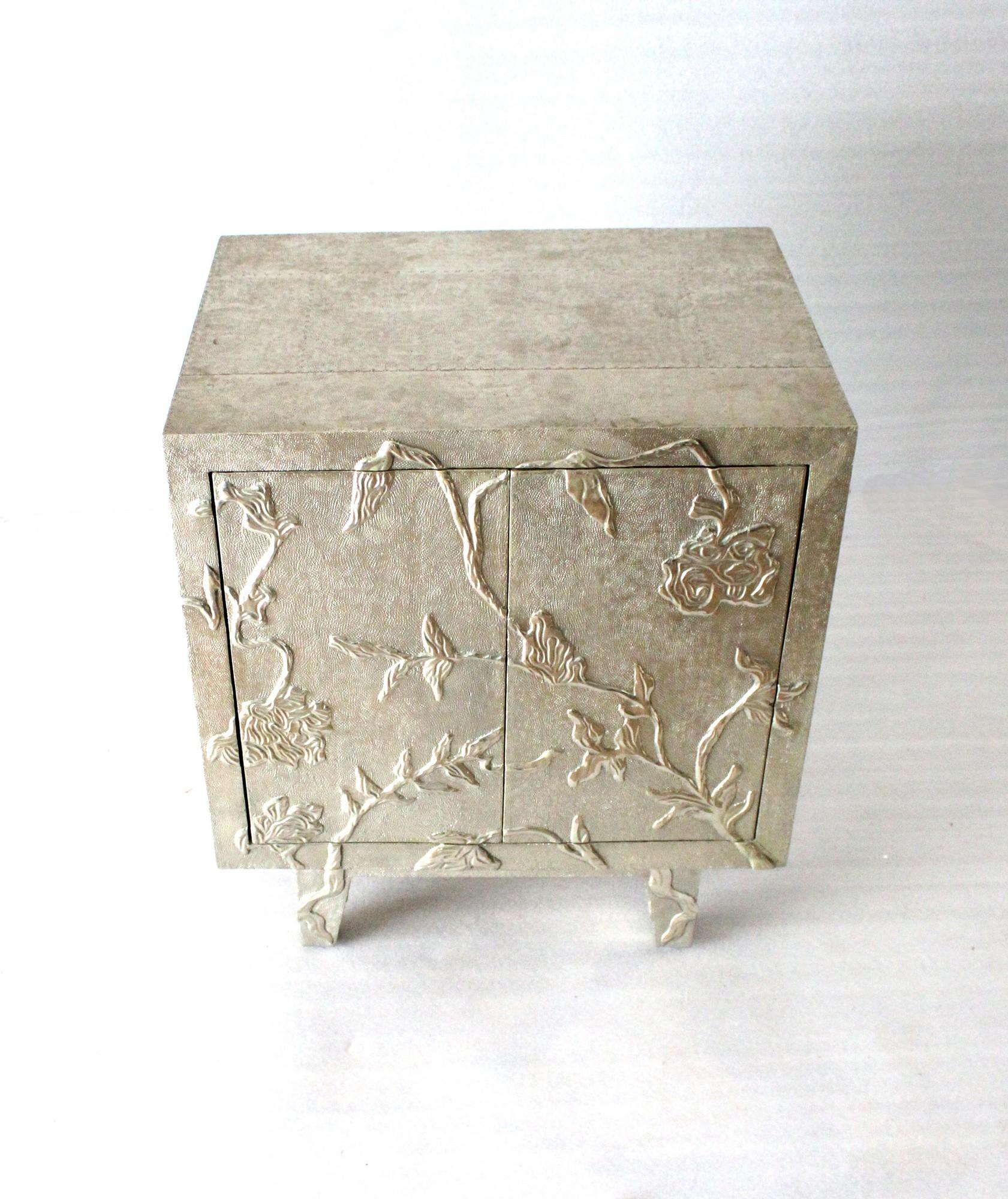 Indian Floral Nightstand in White Bronze Clad Over Teak Wood Handcrafted In India For Sale