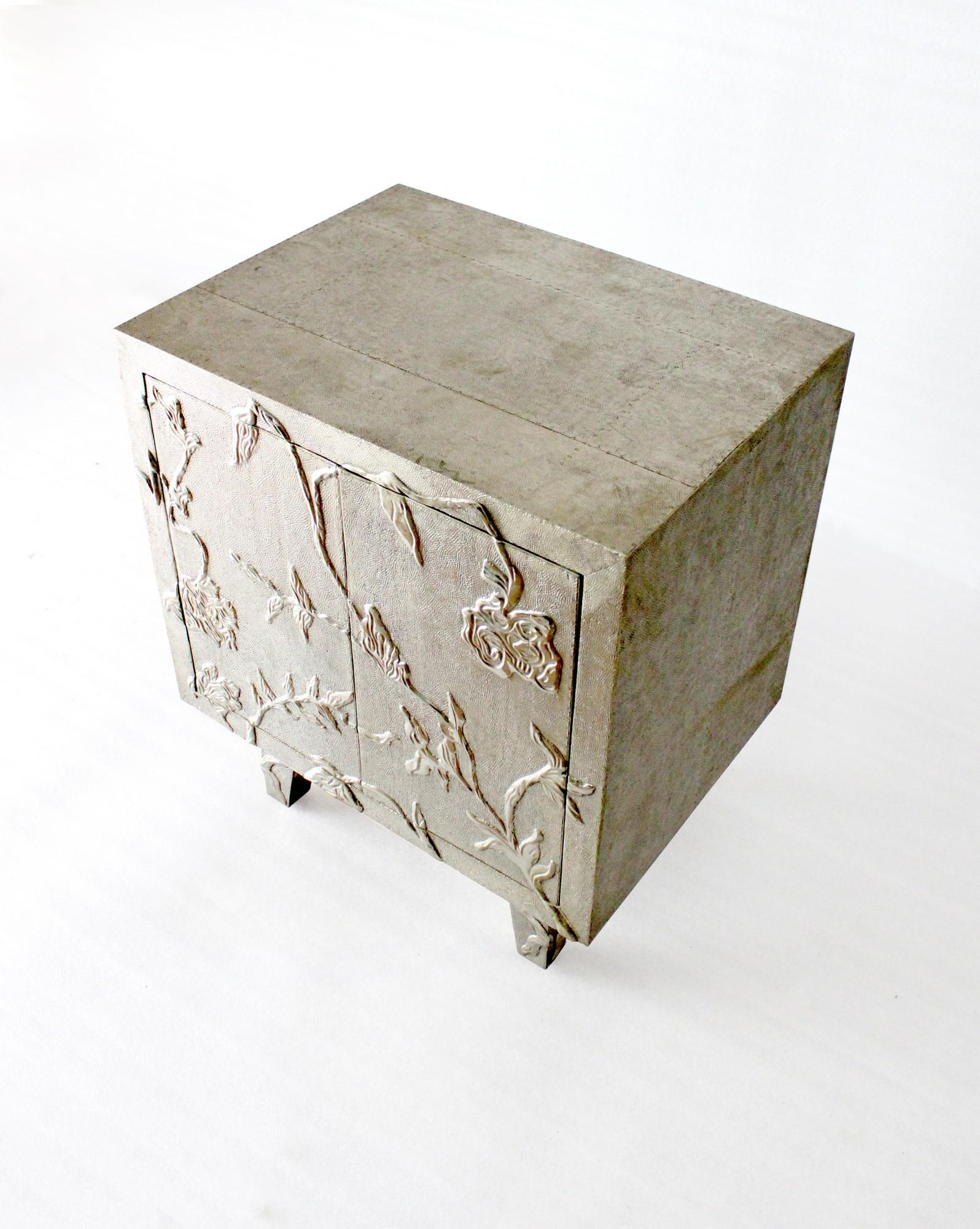 Contemporary Floral Nightstand in White Bronze Over MDF Handcrafted In India For Sale