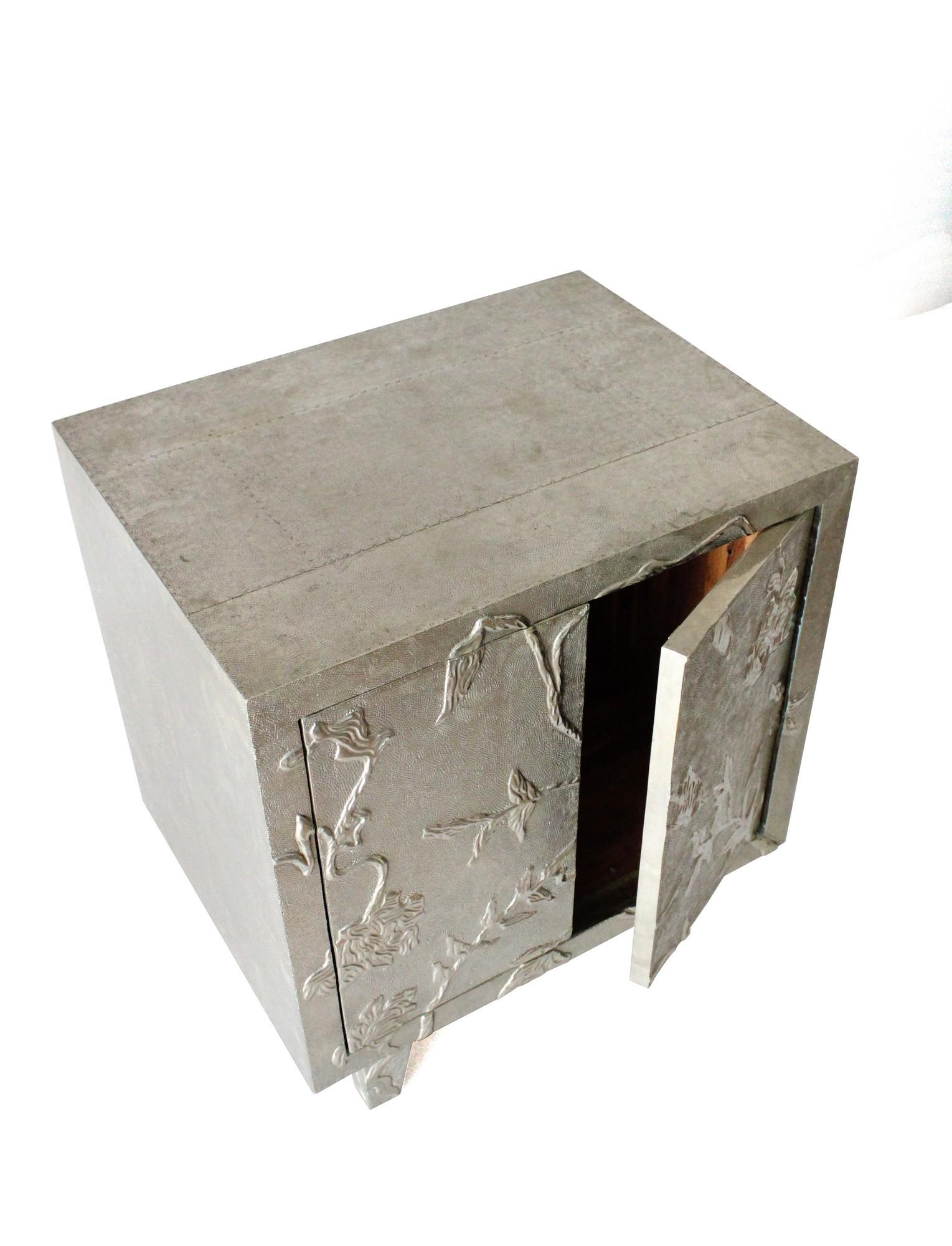 Metal Floral Nightstand in White Bronze Clad Over Teak Wood Handcrafted In India For Sale
