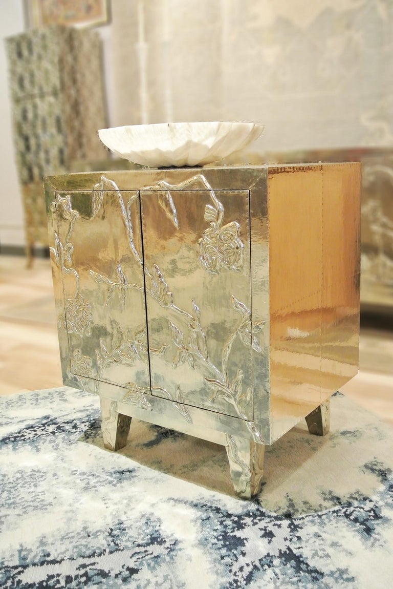 Floral Nightstand in White Bronze Over MDF Handcrafted In India For Sale 1
