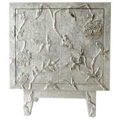 Floral Nightstand in White Bronze Over MDF Handcrafted In India
