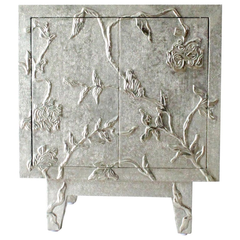 Floral Nightstand in White Bronze Over MDF Handcrafted In India For Sale