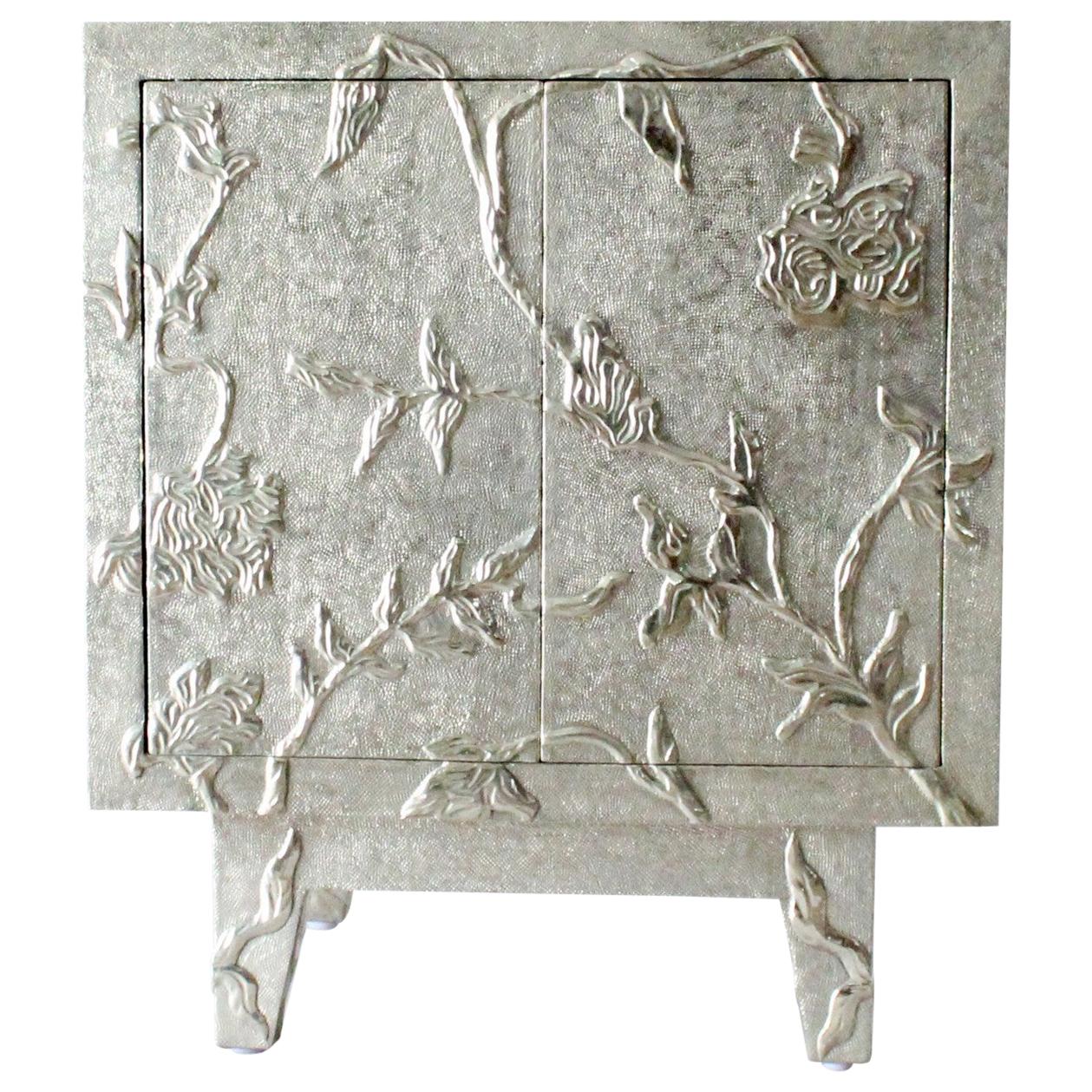 Floral Nightstand in White Bronze Clad Over Teak Wood Handcrafted In India For Sale