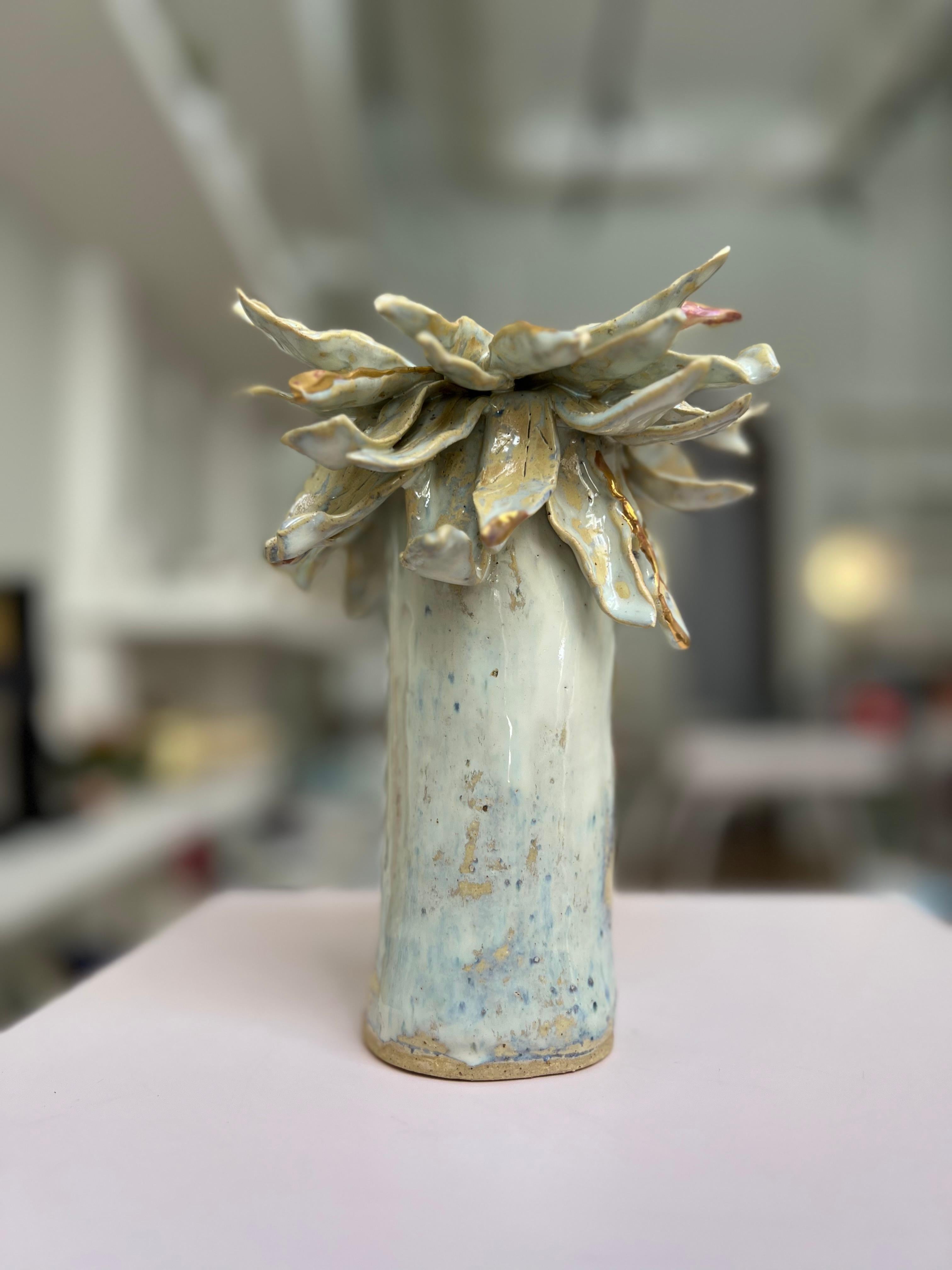 Gold Plate Floral Vase in Shimmery Pearl White no 11 by artist - designer Hania Jneid