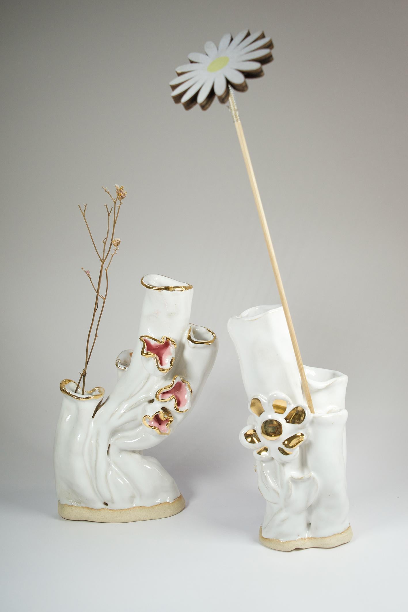 Art Nouveau White Floral No 7 Ikebana Inspired Vase  by artist- designer Hania Jneid For Sale