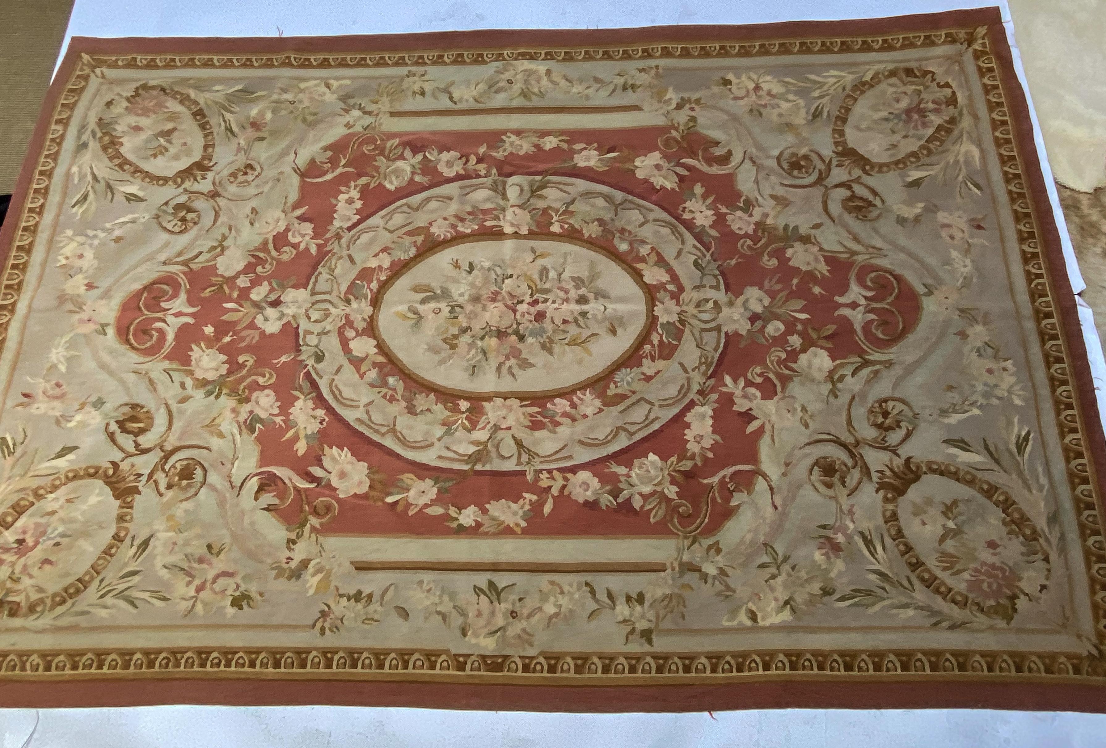 French Floral Ocher Orange Wool Aubusson Rug For Sale