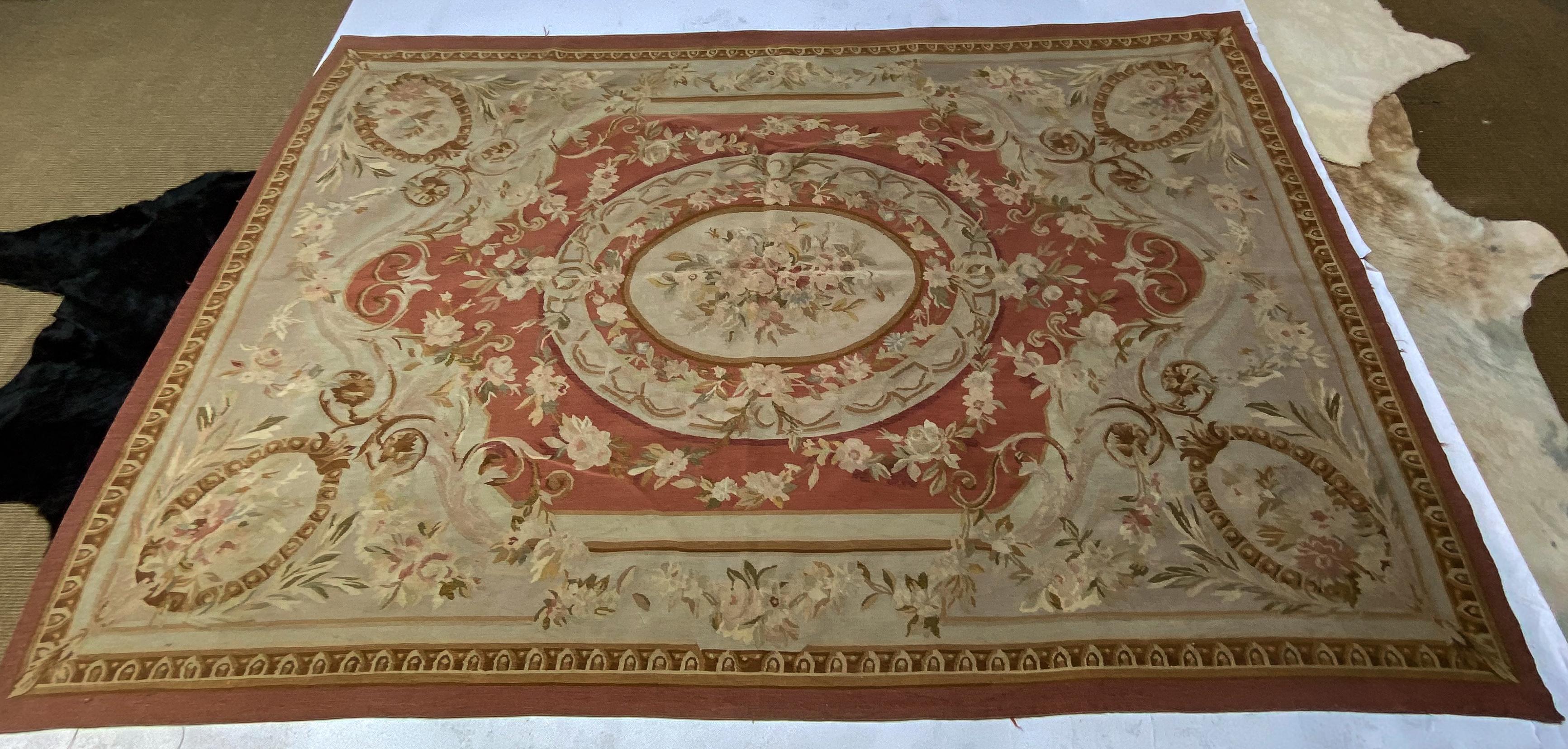 Floral Ocher Orange Wool Aubusson Rug In Good Condition For Sale In Los Angeles, CA