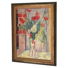 Floral Oil Painting Impressionist Style Red Poppies Signed Framed