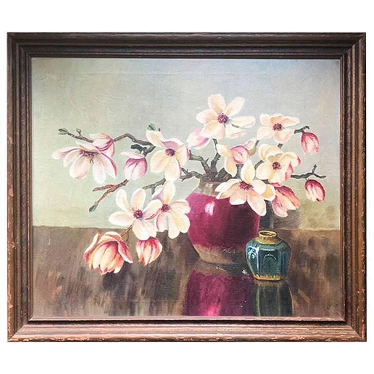 Floral Oil Painting in Wooden Frame