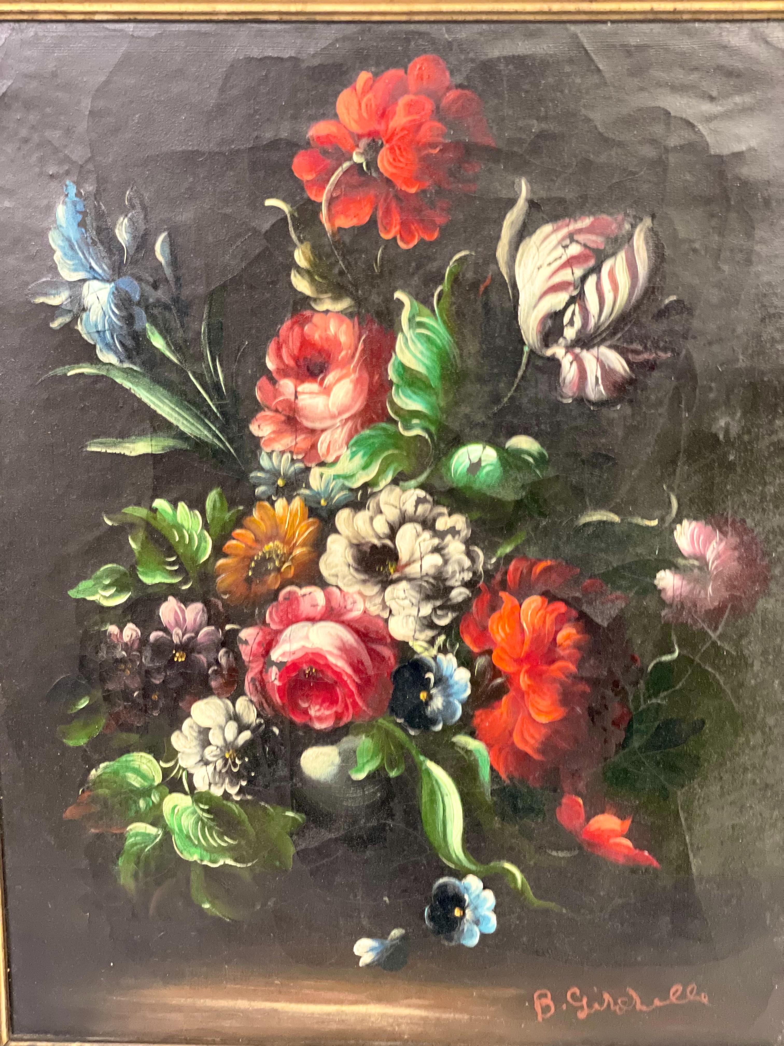 French Floral Oil Painting Signed B. Girodelle, 19th Century For Sale