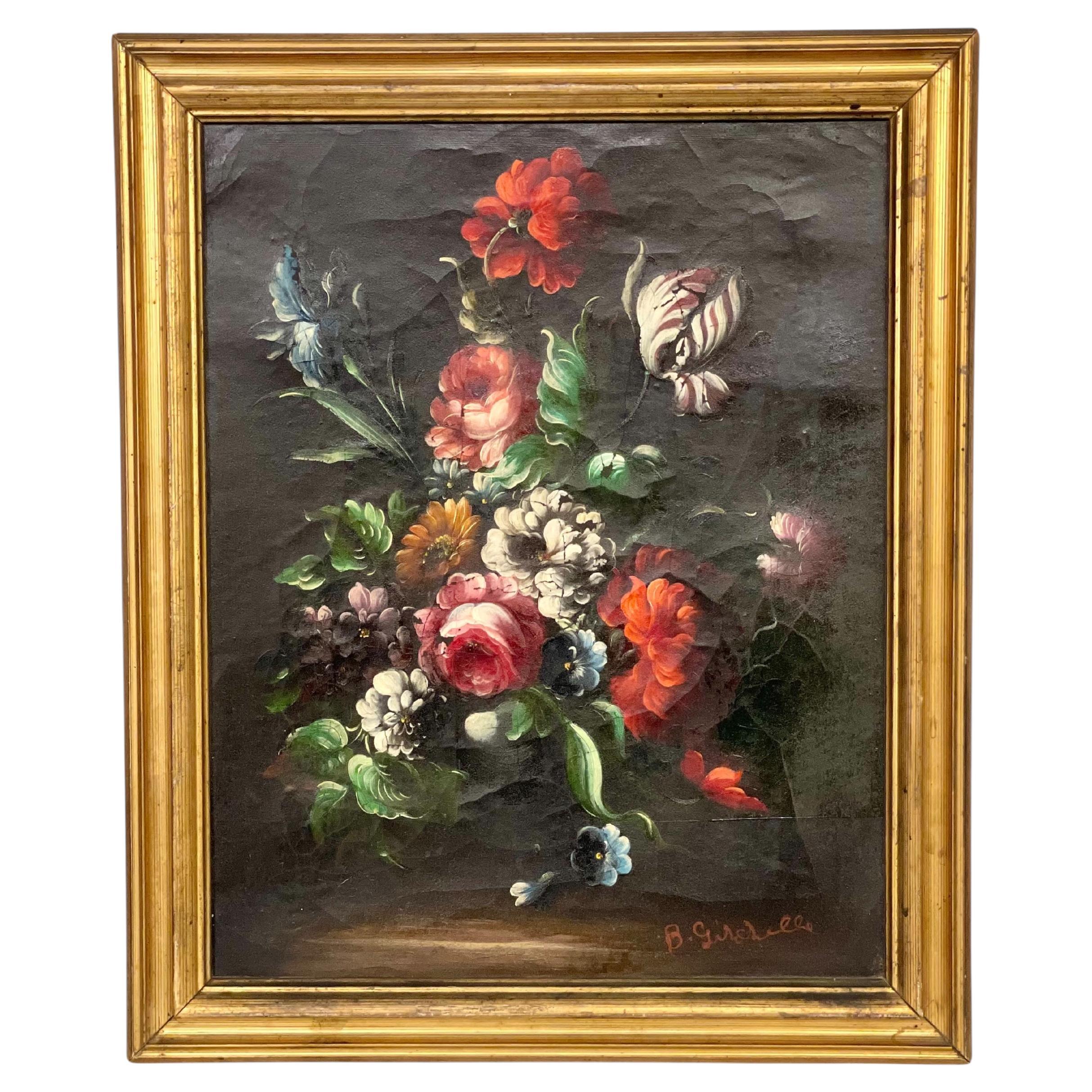 Óleo Floral Firmado B. Girodelle, Siglo XIX