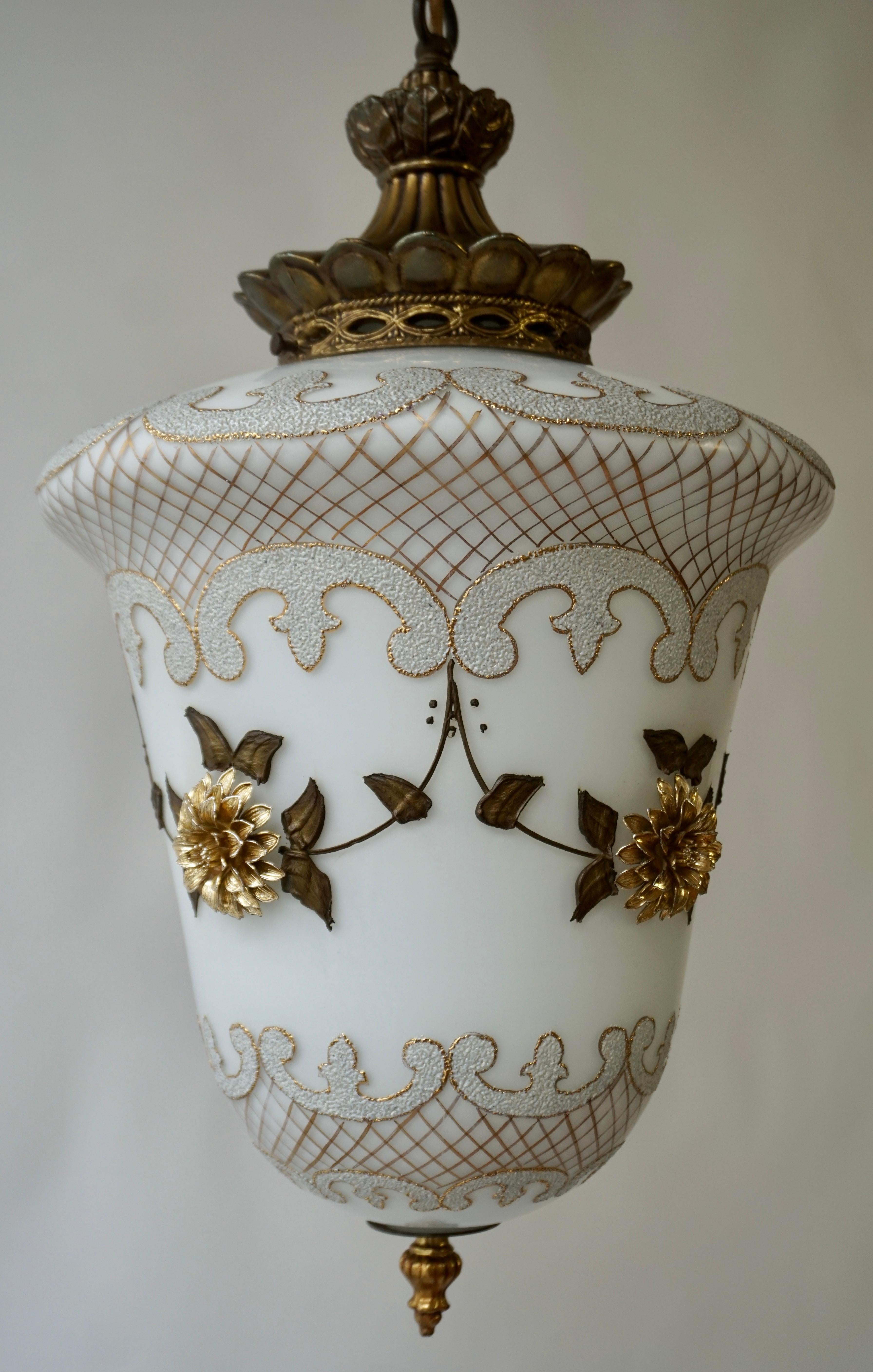 Floral Opaline Glass and Gilt Brass Pendat Light For Sale 8