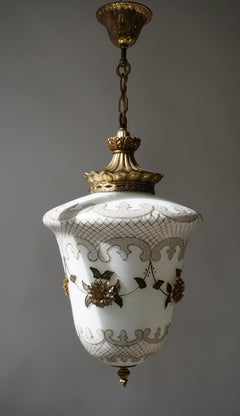 Floral Opaline Glass and Gilt Brass Pendat Light