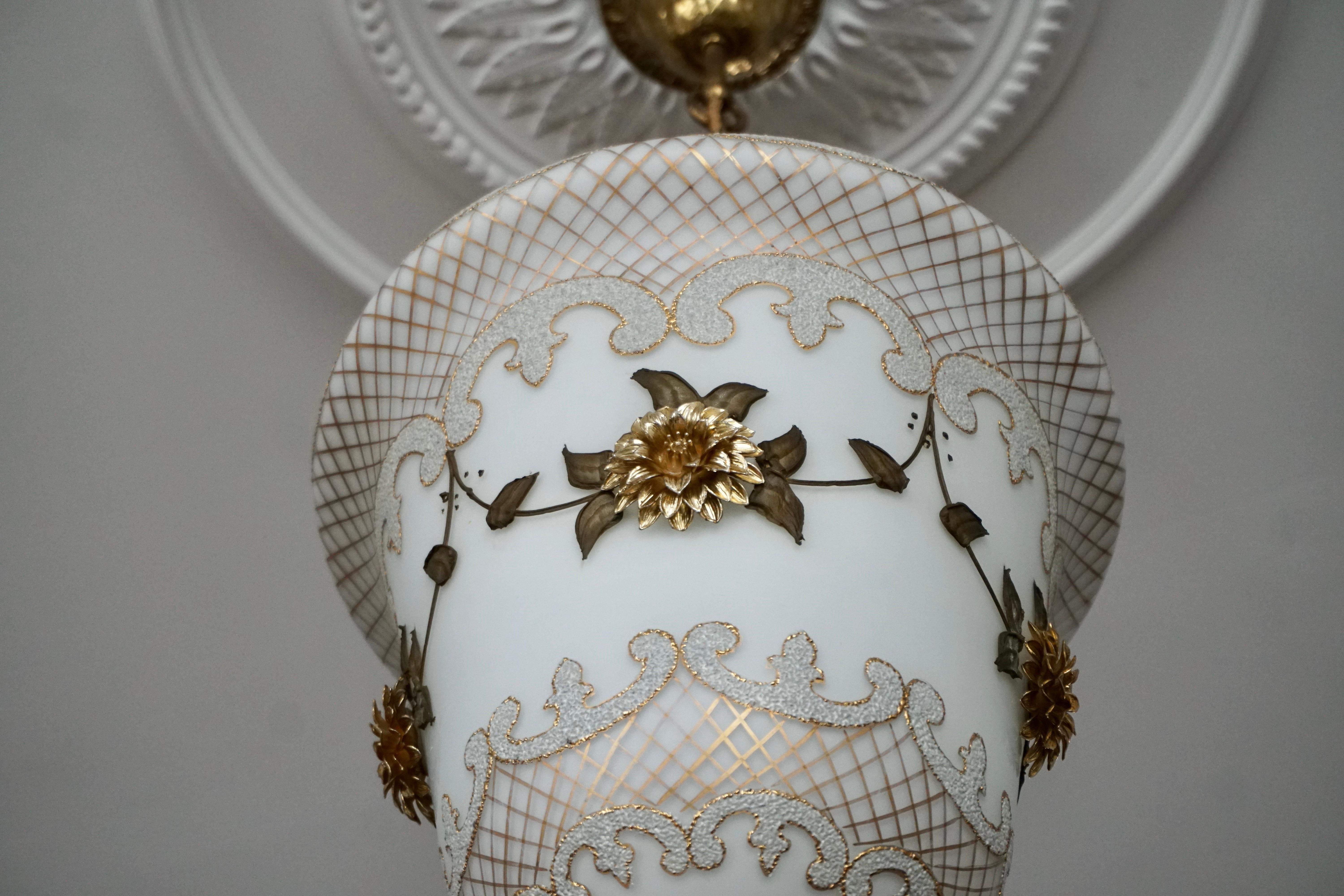 Floral Opaline Glass and Gilt Brass Pendat Light For Sale 14