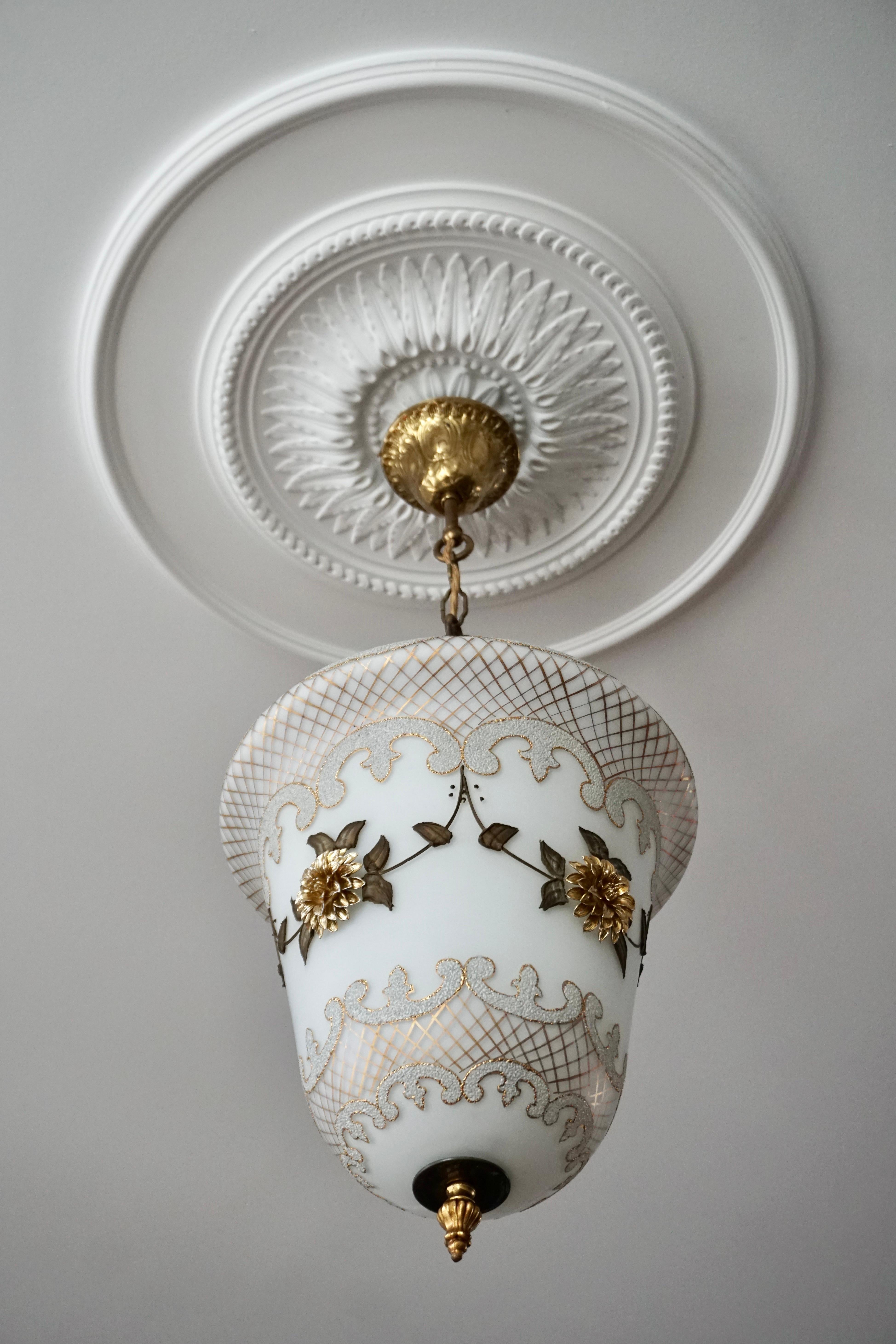 Italian Floral Opaline Glass and Gilt Brass Pendat Light For Sale
