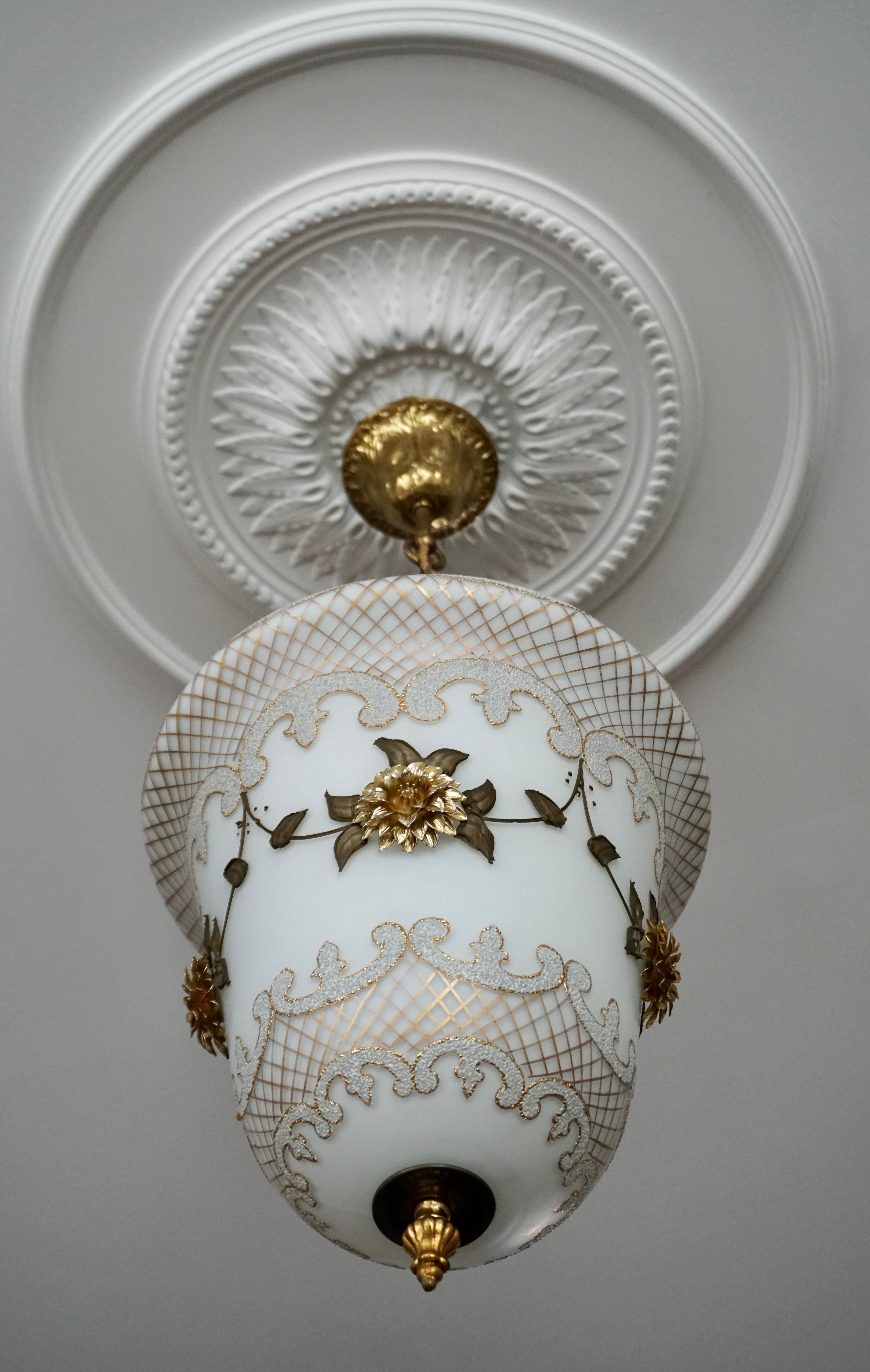 20th Century Floral Opaline Glass and Gilt Brass Pendat Light For Sale