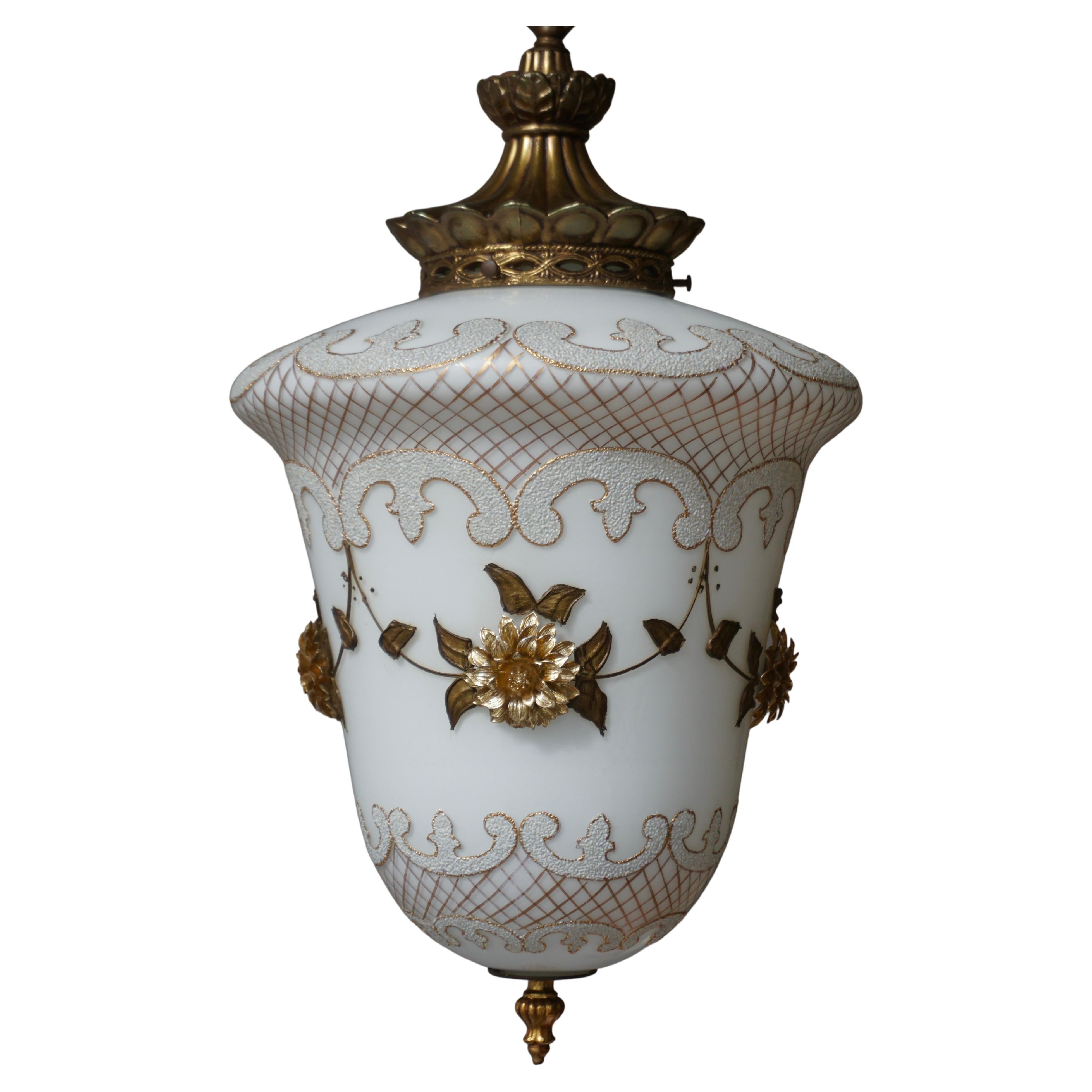 Floral Opaline Glass and Gilt Brass Pendat Light For Sale