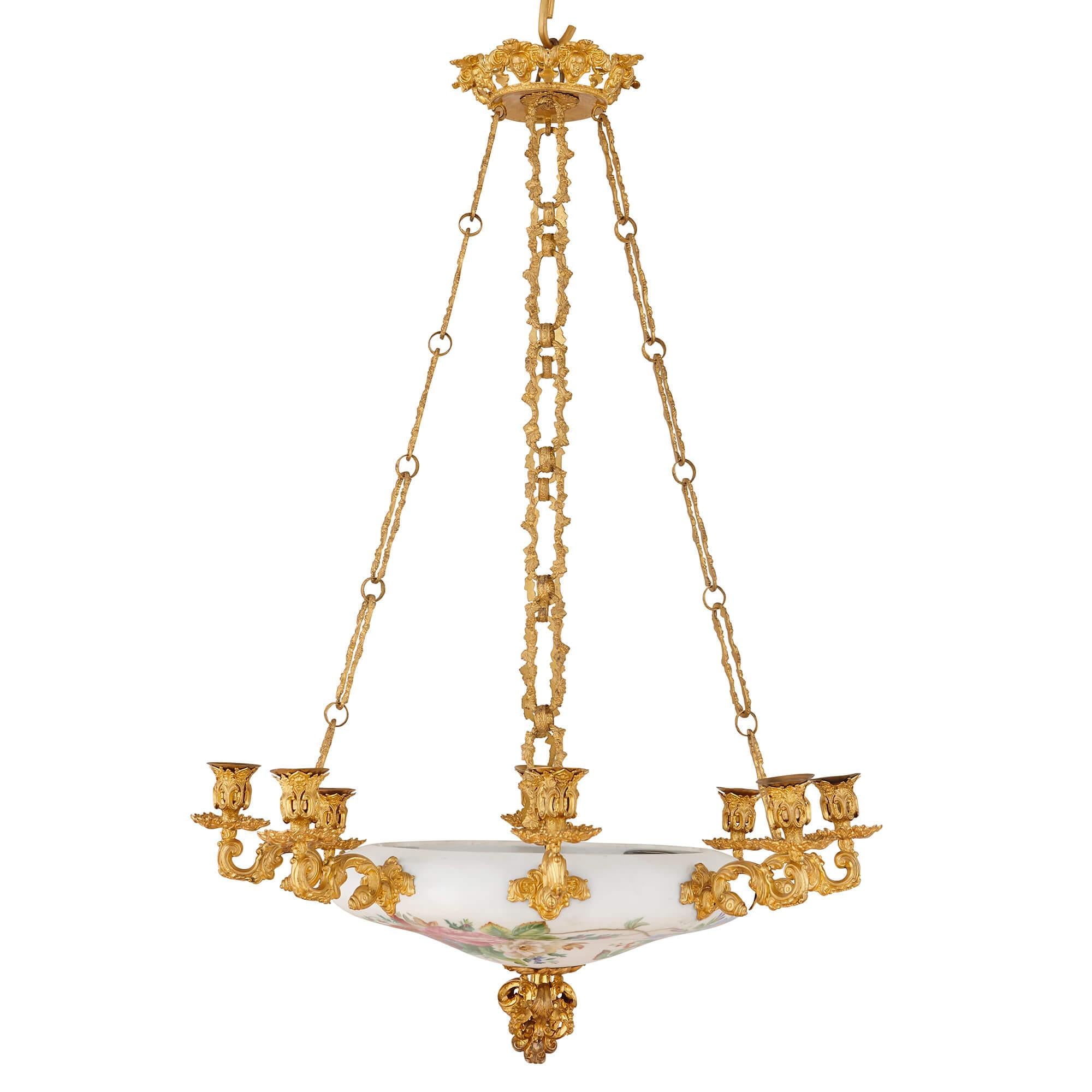 French Floral Opaline Glass and Gilt Bronze Chandelier For Sale