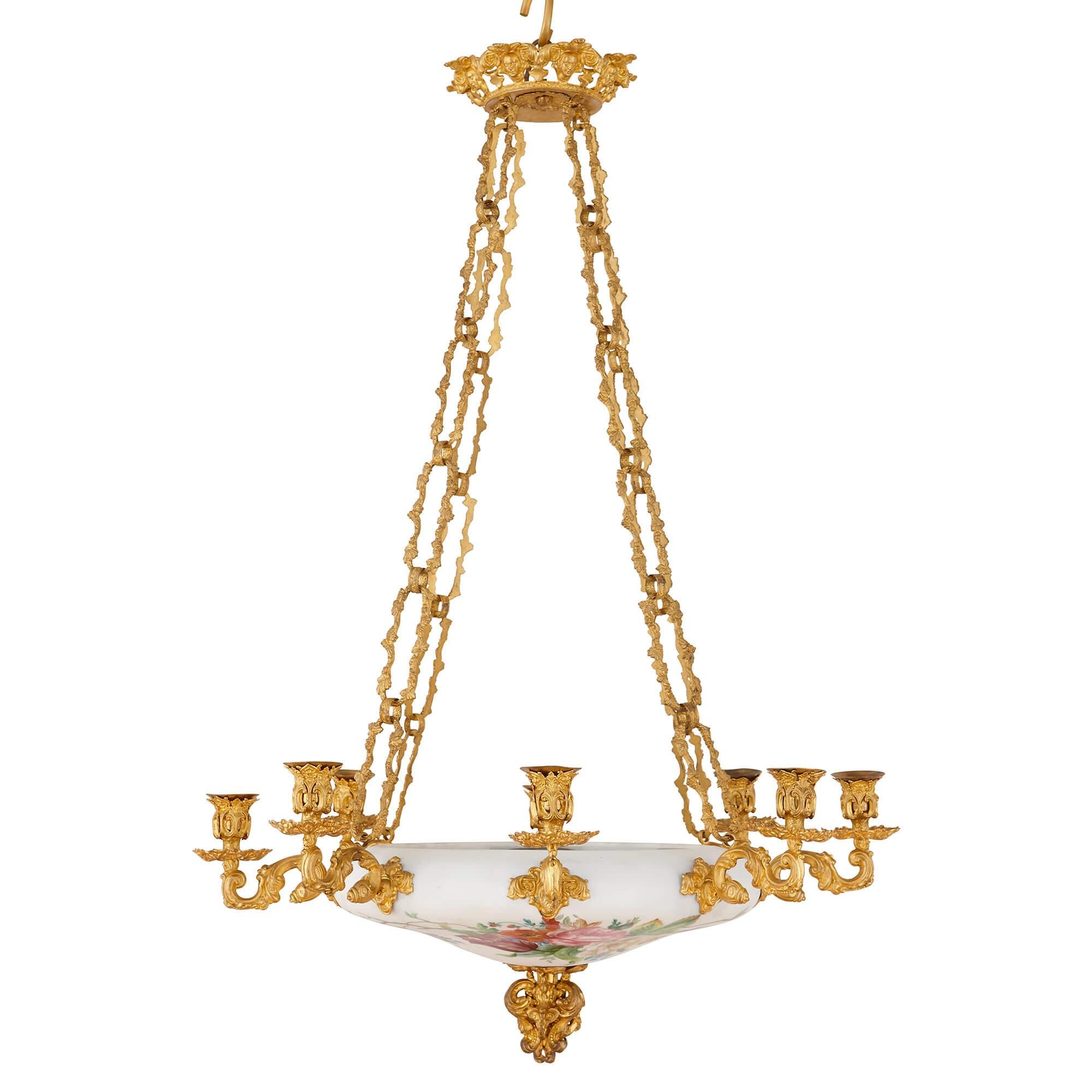 Floral Opaline Glass and Gilt Bronze Chandelier For Sale