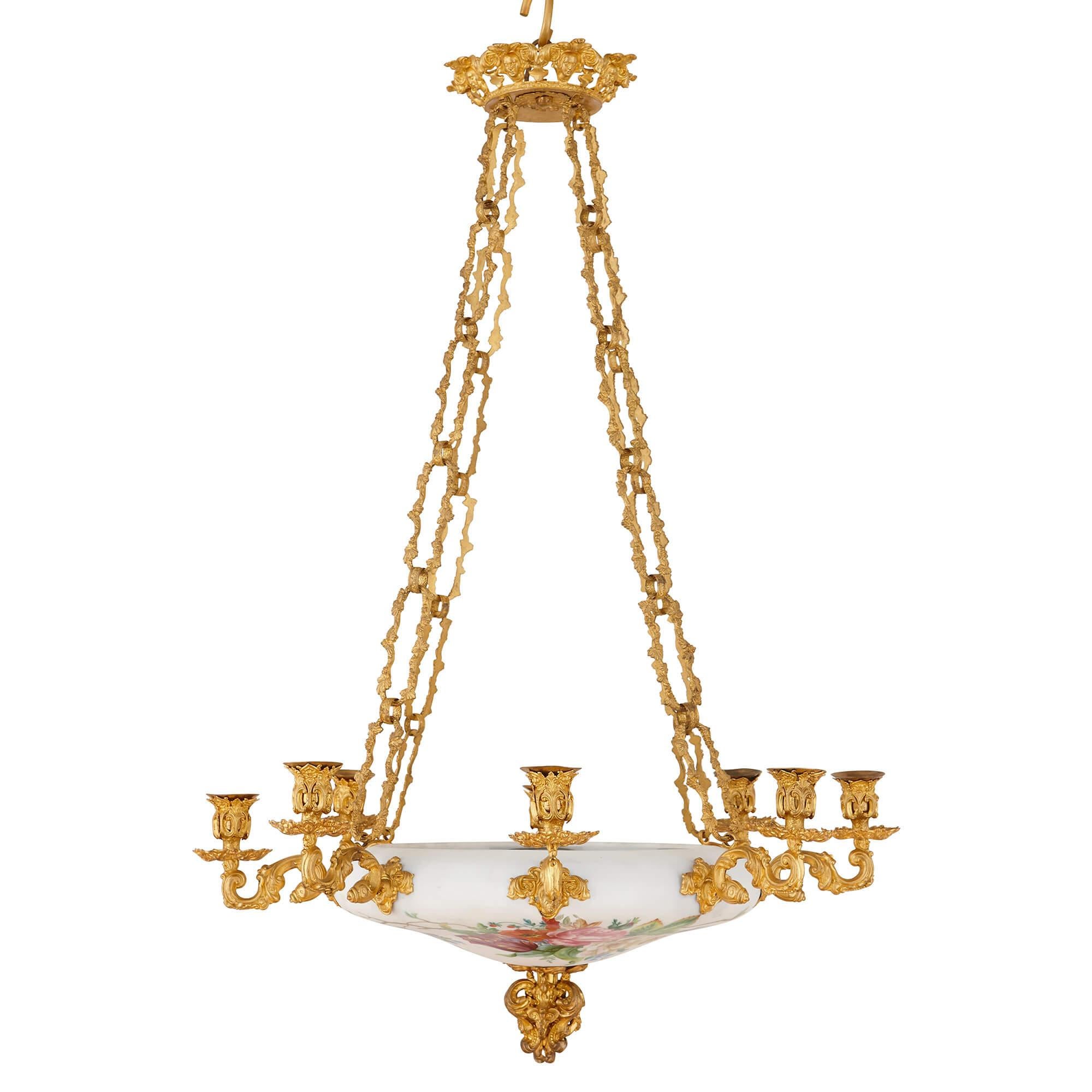 Floral Opaline Glass and Gilt Bronze Chandelier