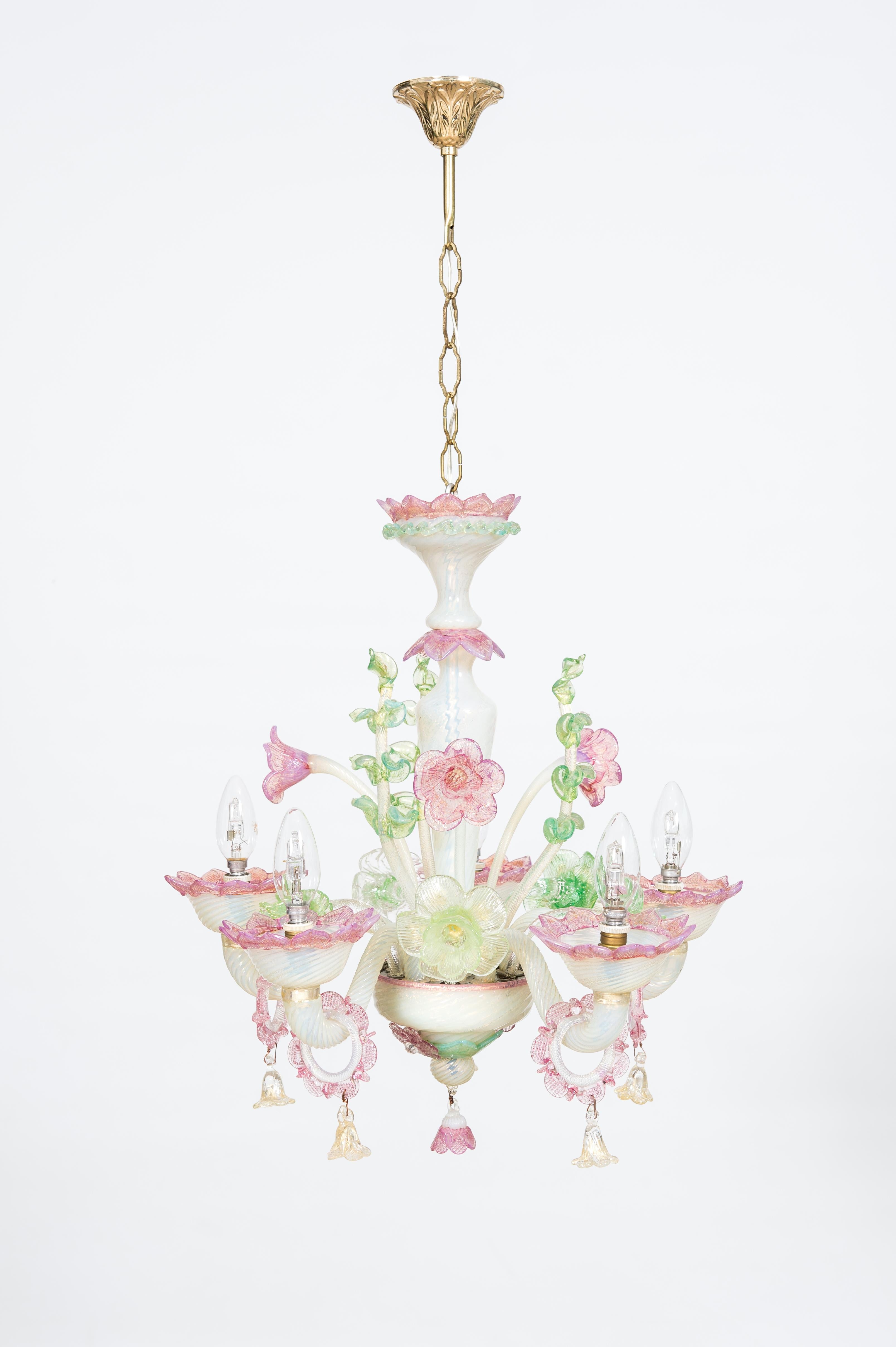 Modern Floral Opaline Murano Glass Chandelier with Gold Handcrafted in Italy 1900s  For Sale