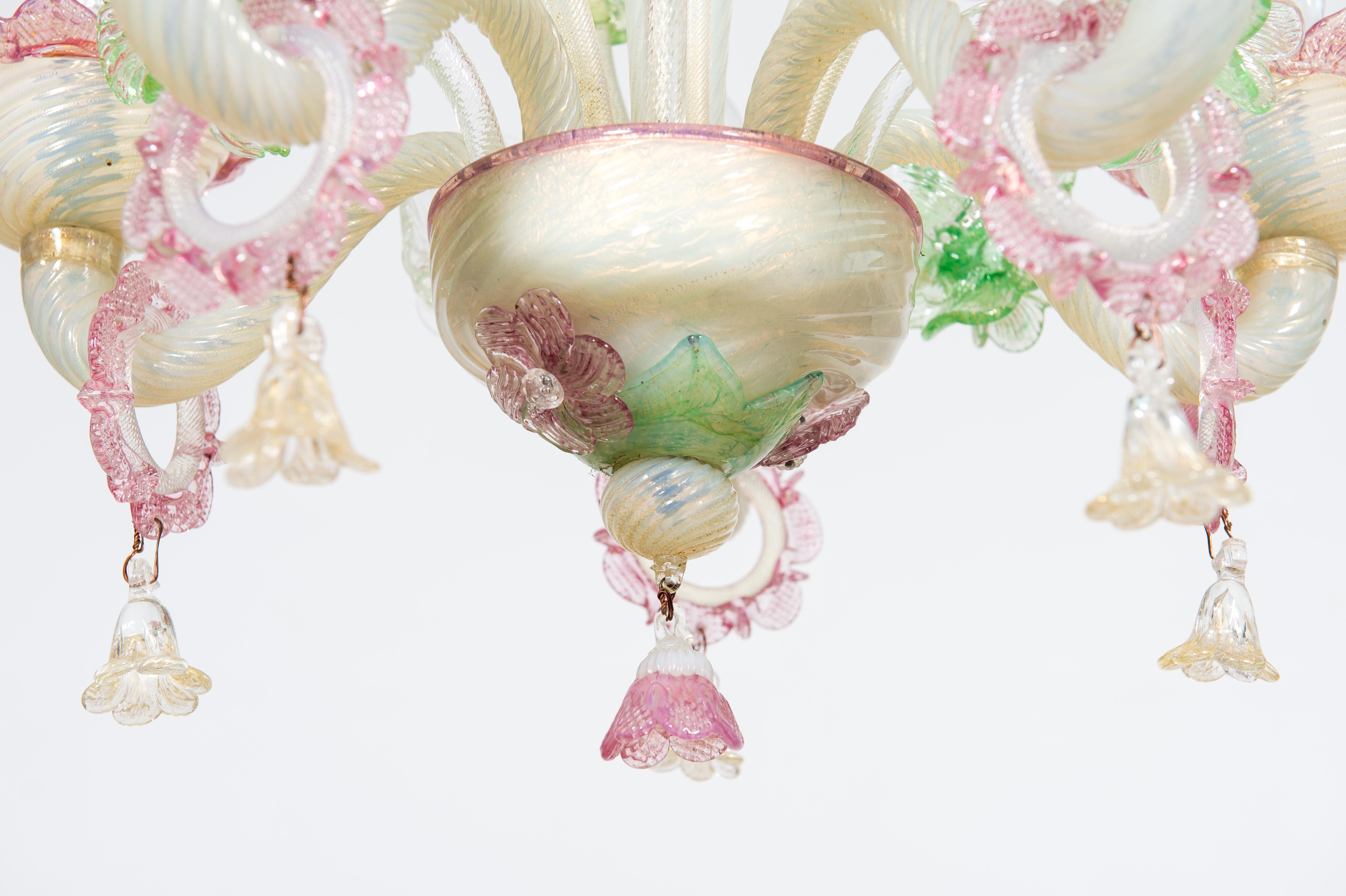 Italian Floral Opaline Murano Glass Chandelier with Gold Handcrafted in Italy 1900s  For Sale
