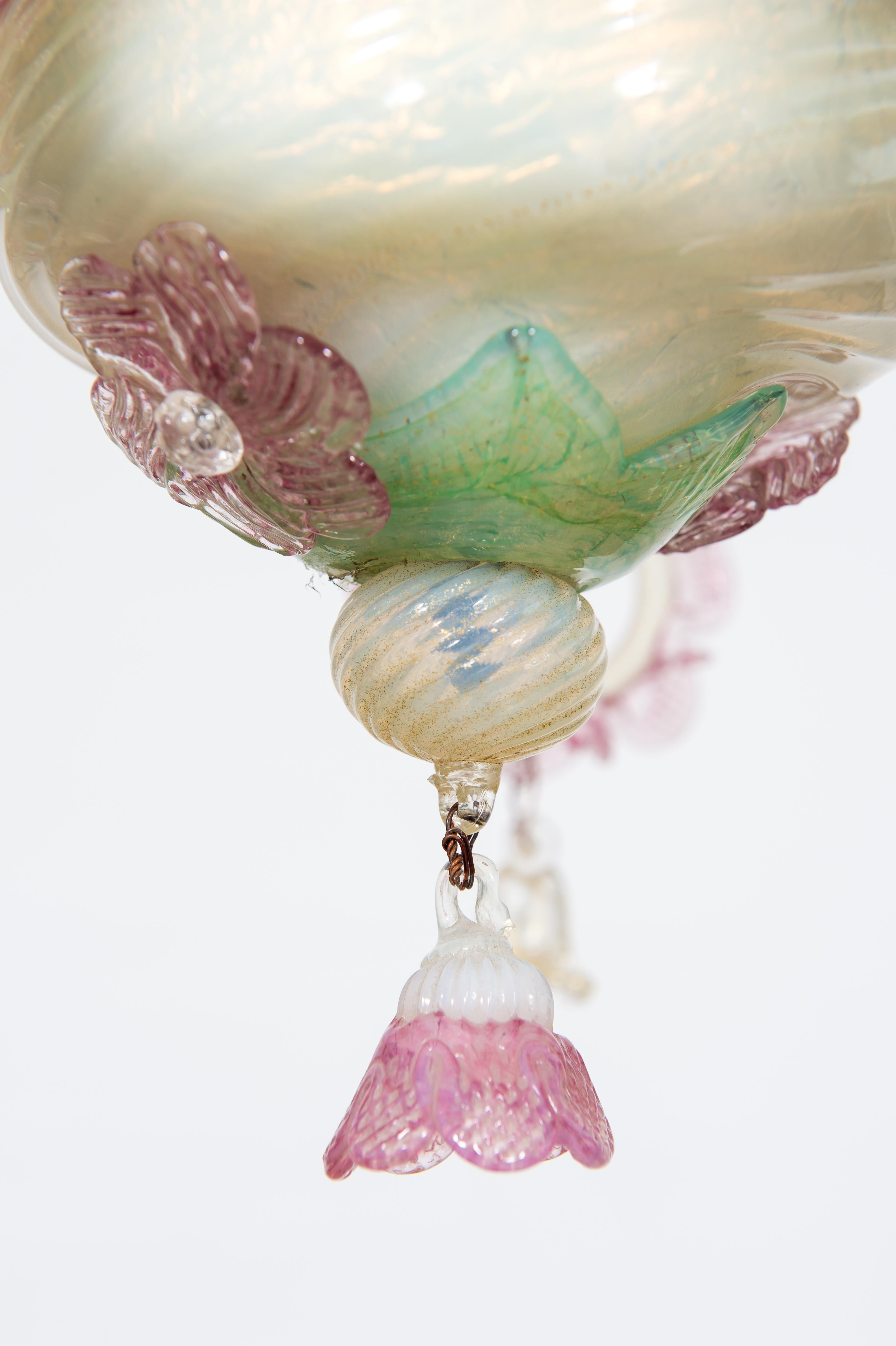 Hand-Crafted Floral Opaline Murano Glass Chandelier with Gold Handcrafted in Italy 1900s  For Sale