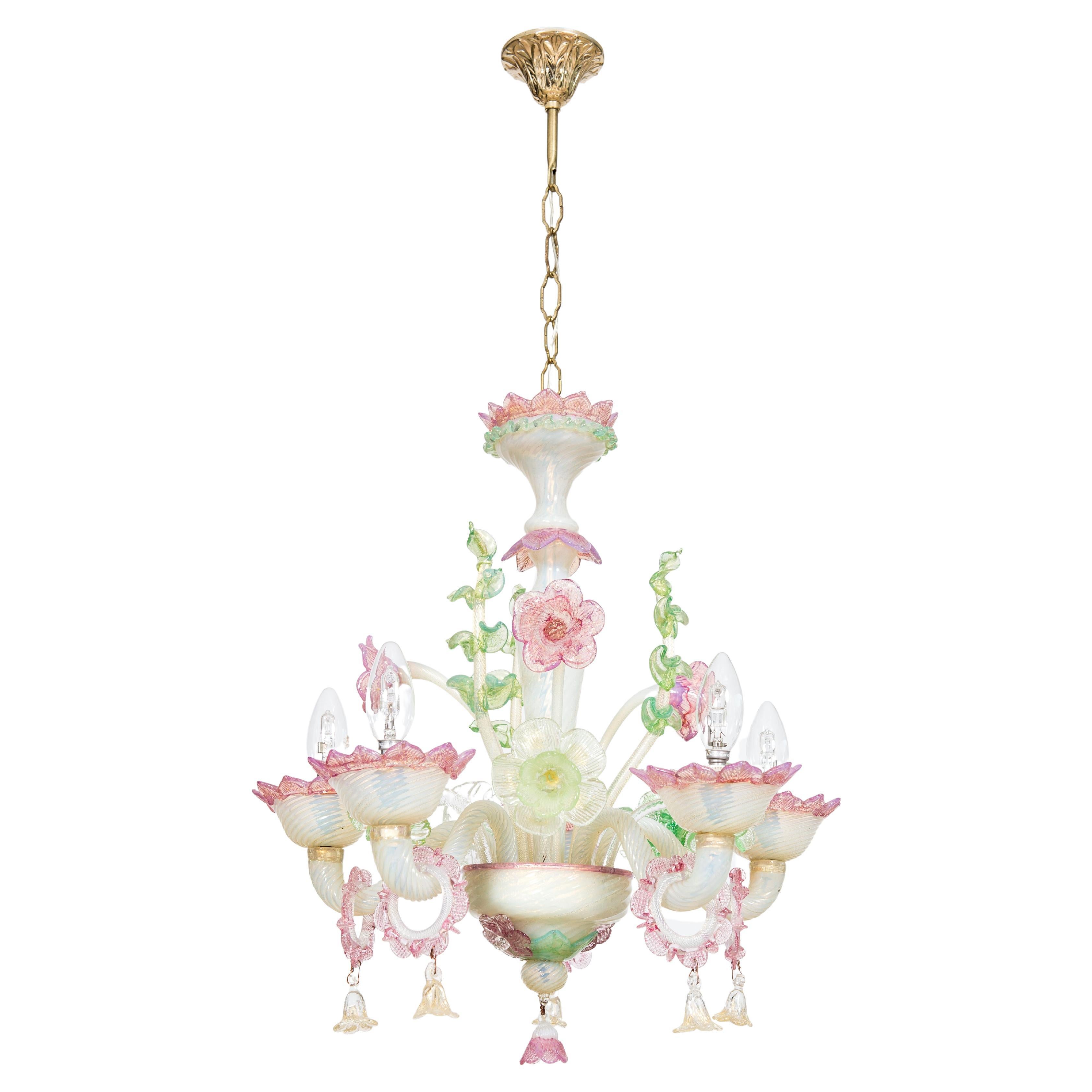 Floral Opaline Murano Glass Chandelier with Gold Handcrafted in Italy 1900s 