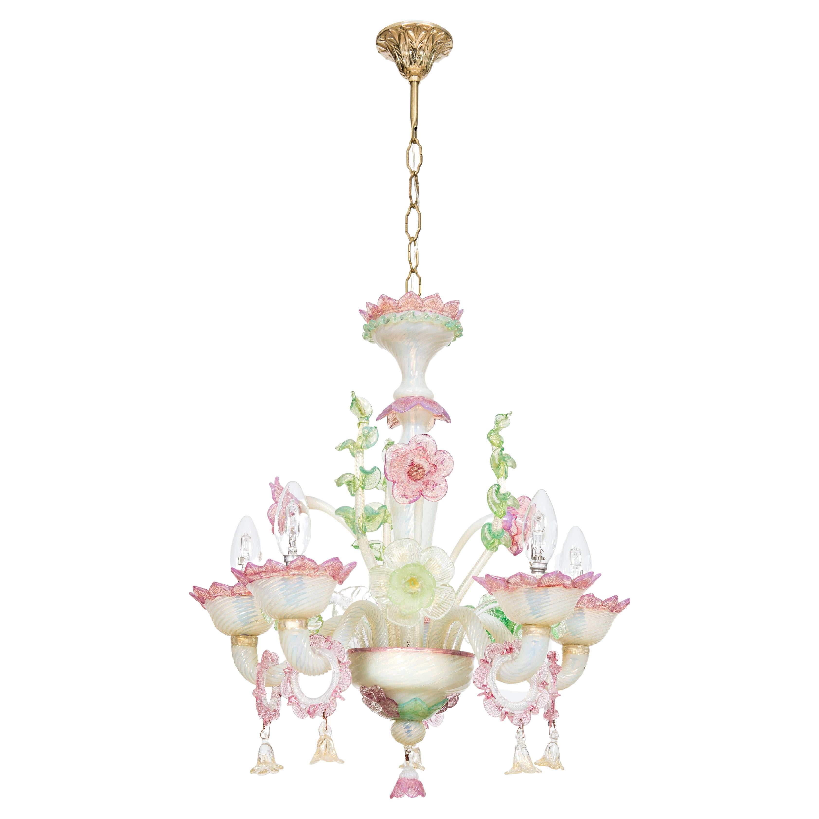 Floral Opaline Murano Glass Chandelier with Gold Handcrafted in Italy 1900s