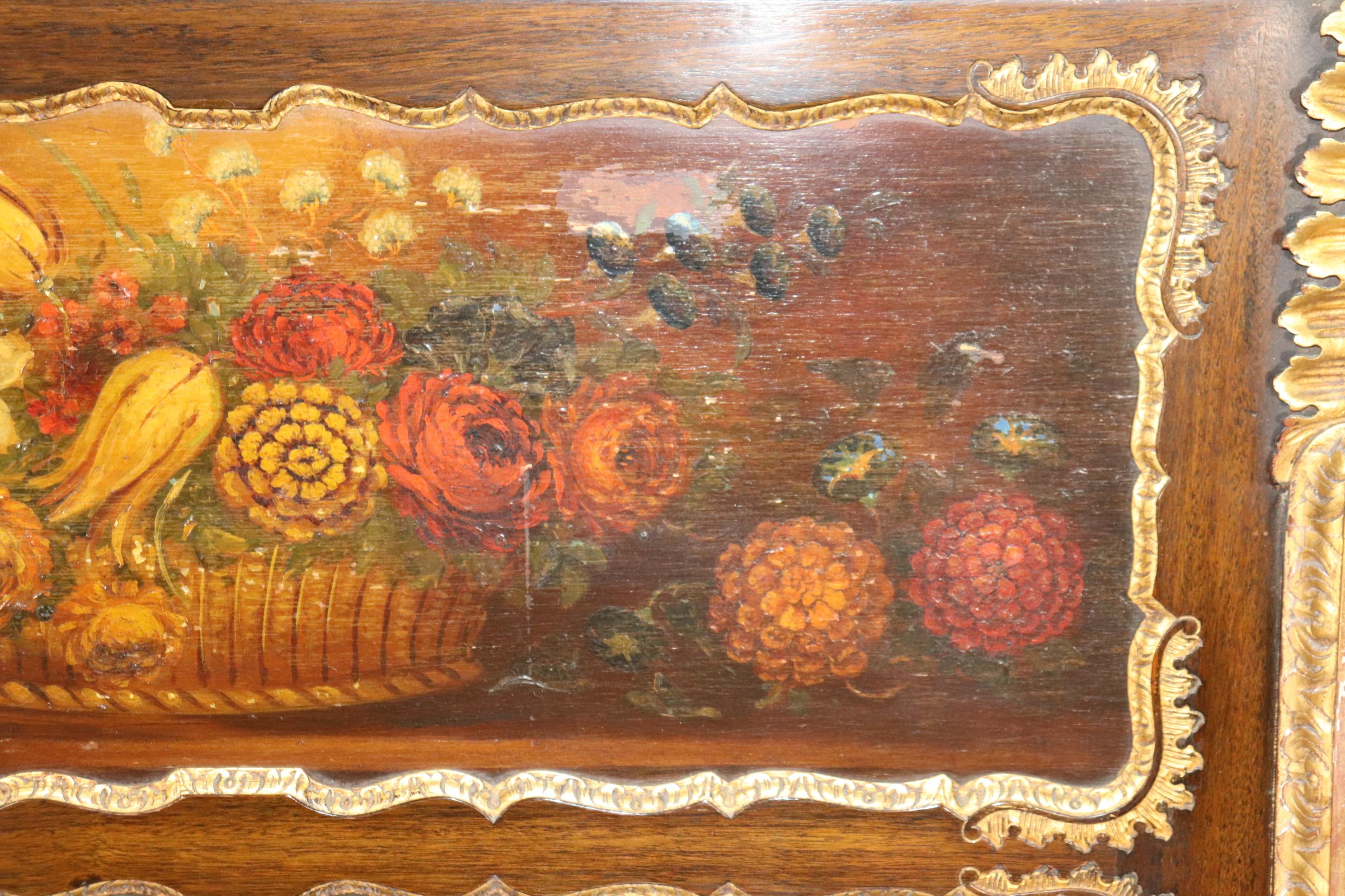 Mid-20th Century Floral Paint Decorated Mahogany Trumeau Wall Mirror For Sale