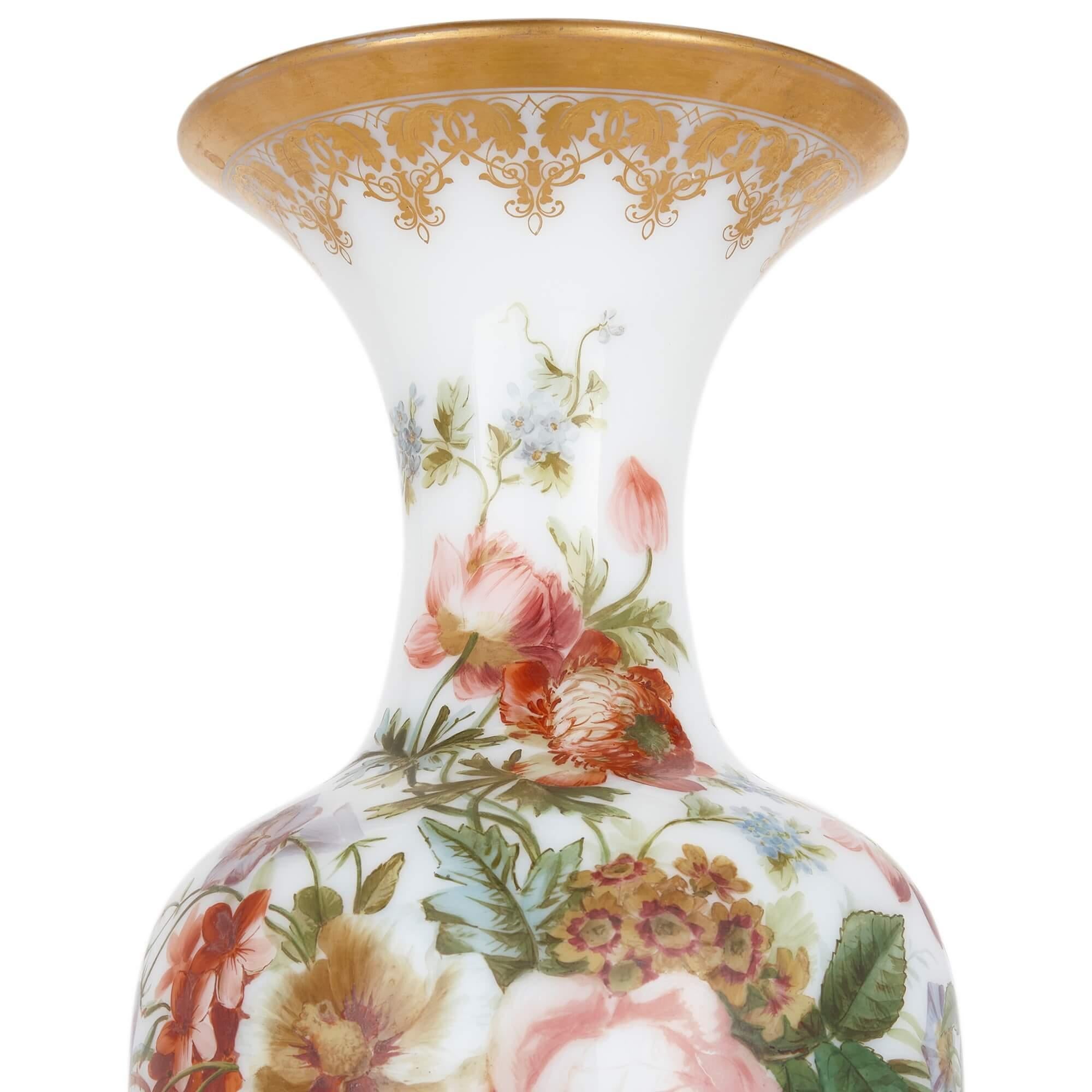 19th Century Floral Painted Antique Glass Vase by Baccarat For Sale