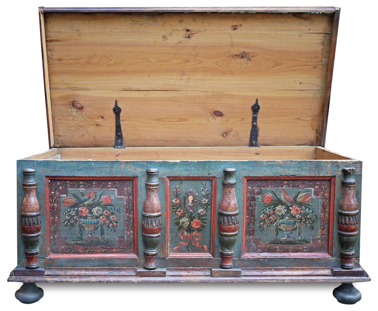 Italian Floral Painted Blue Alpine Blanket Chest