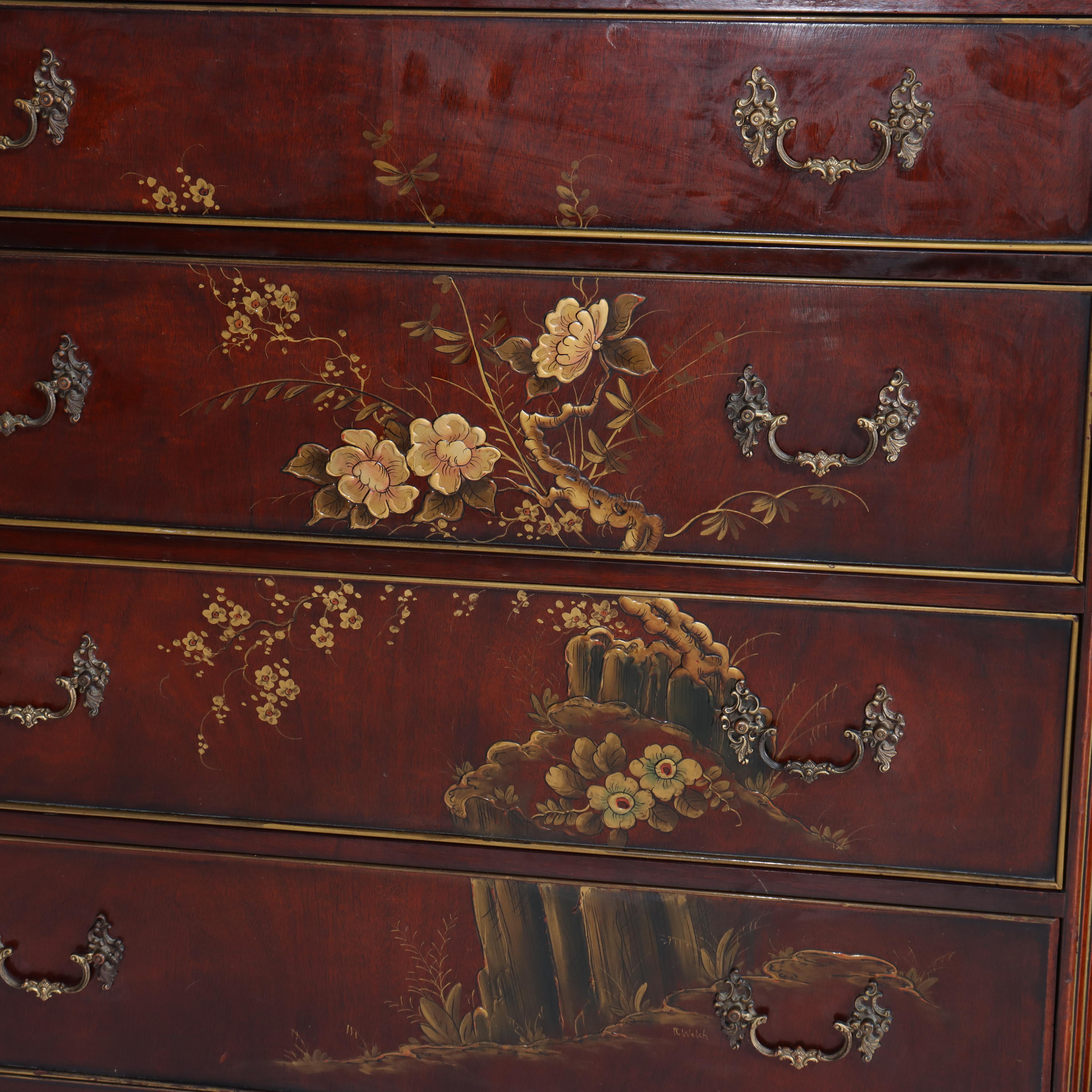 XX secolo Cassettiera a quattro cassetti in mogano cinese Chippendale dipinta a fiori del 1920 circa in vendita