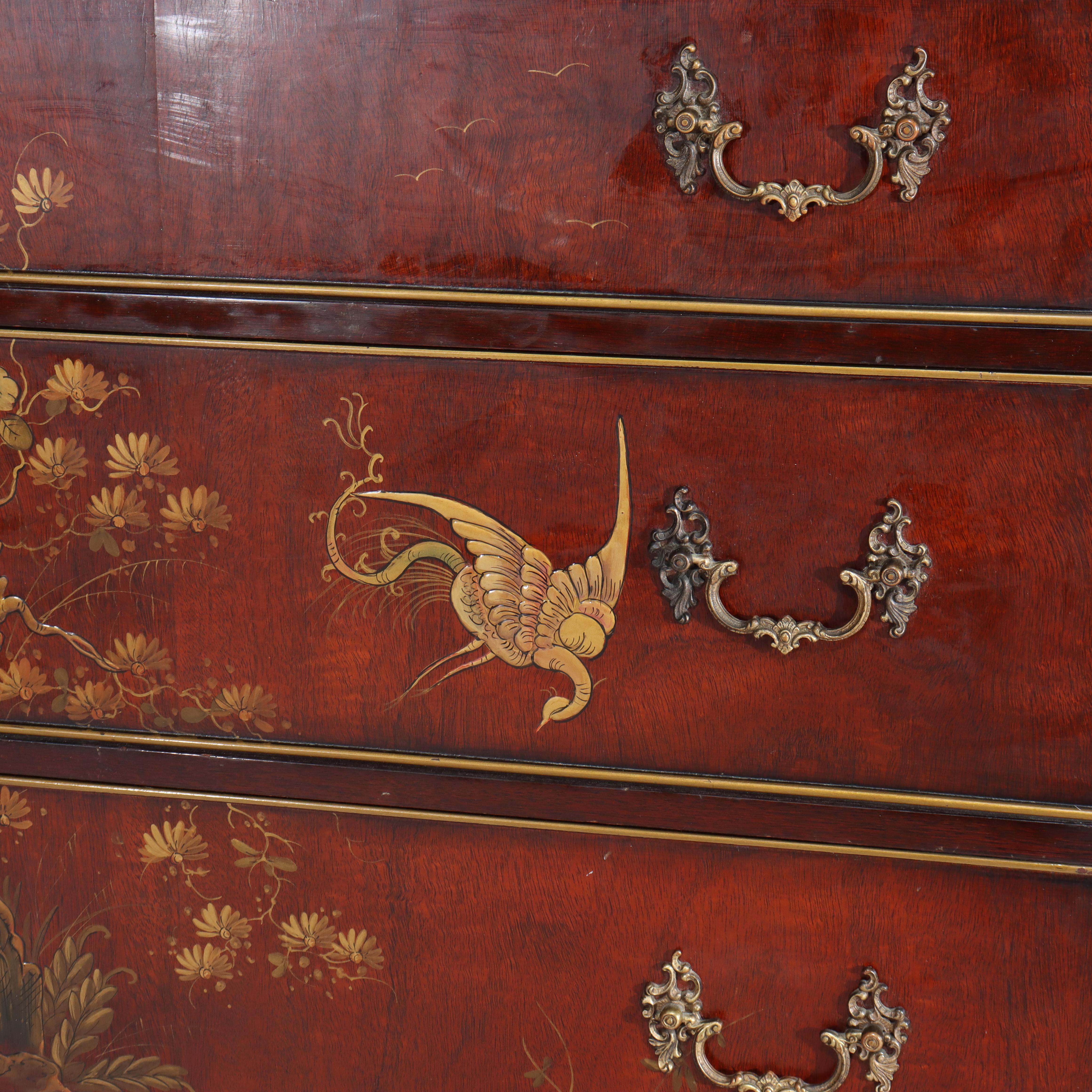 Mogano Cassettiera a quattro cassetti in mogano cinese Chippendale dipinta a fiori del 1920 circa in vendita