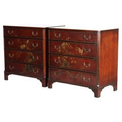 Floral Painted Chinese Chippendale Mahogany Four Drawer Bachelor Chest Set c1920