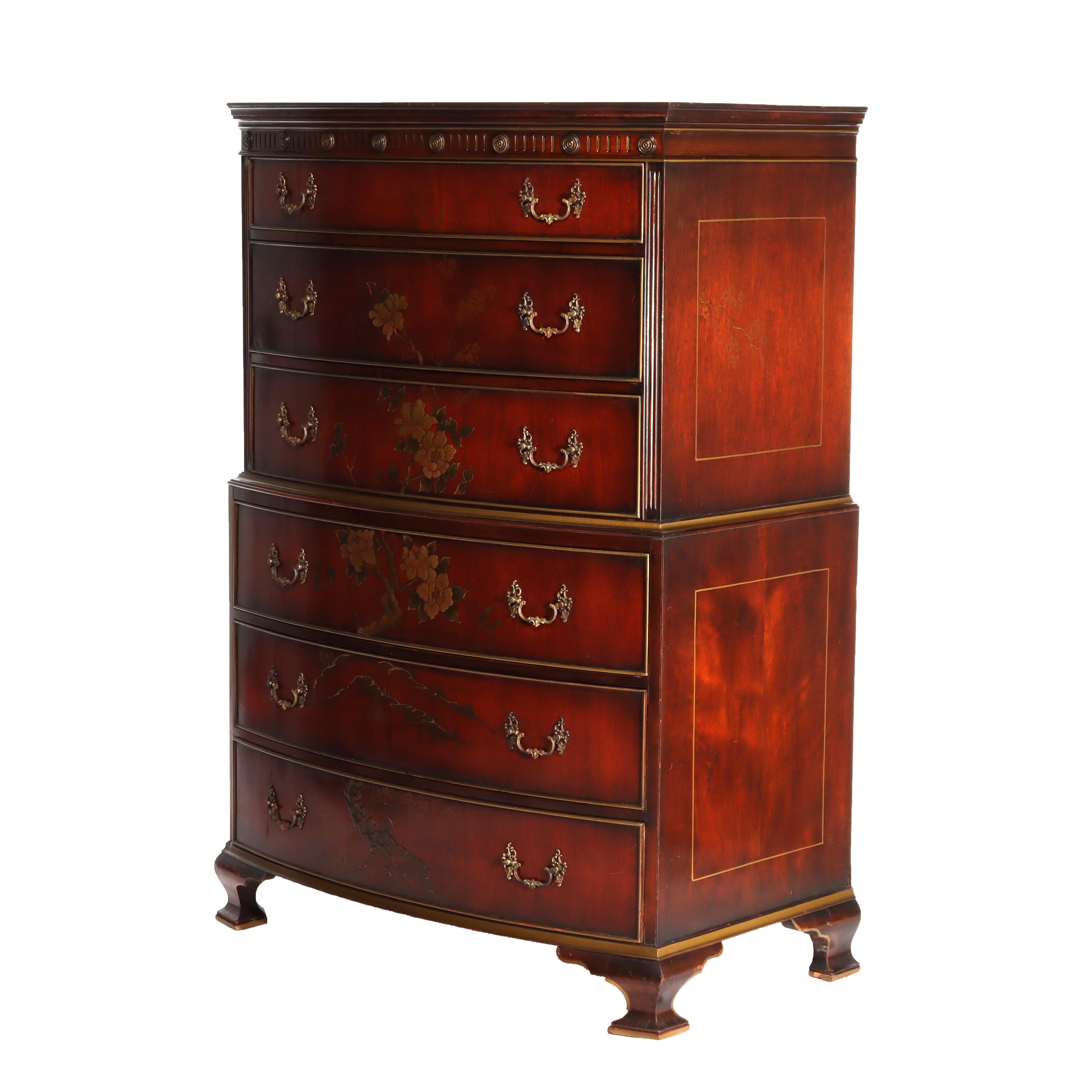 Cassapanca a sei cassetti in mogano cinese Chippendale dipinta con motivi floreali, 1920 ca. in vendita 12