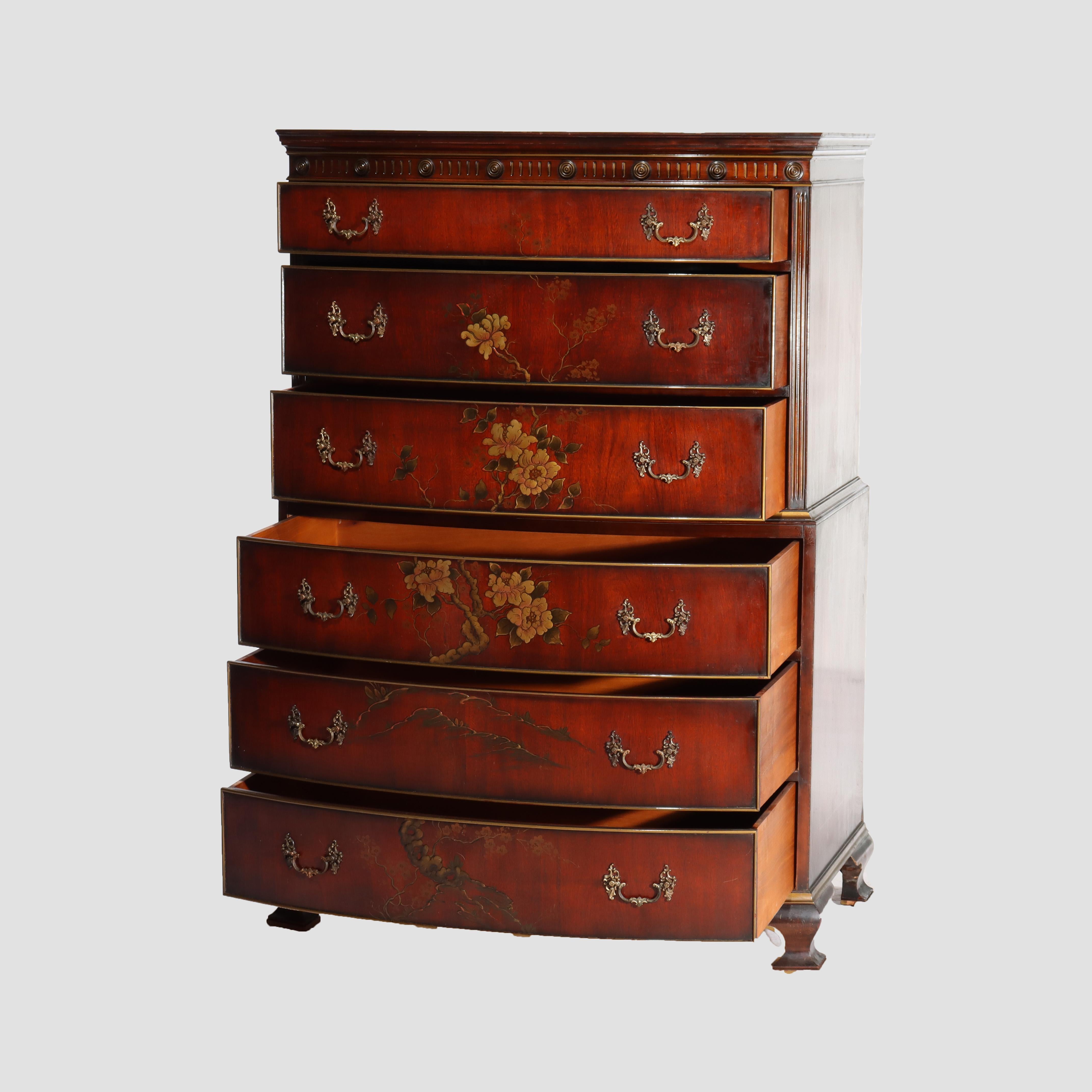 Cassapanca a sei cassetti in mogano cinese Chippendale dipinta con motivi floreali, 1920 ca. in vendita 13