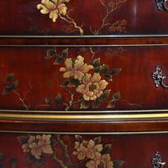 Floral Painted Chinese Chippendale Mahogany Six Drawer Highboy Chest c1920