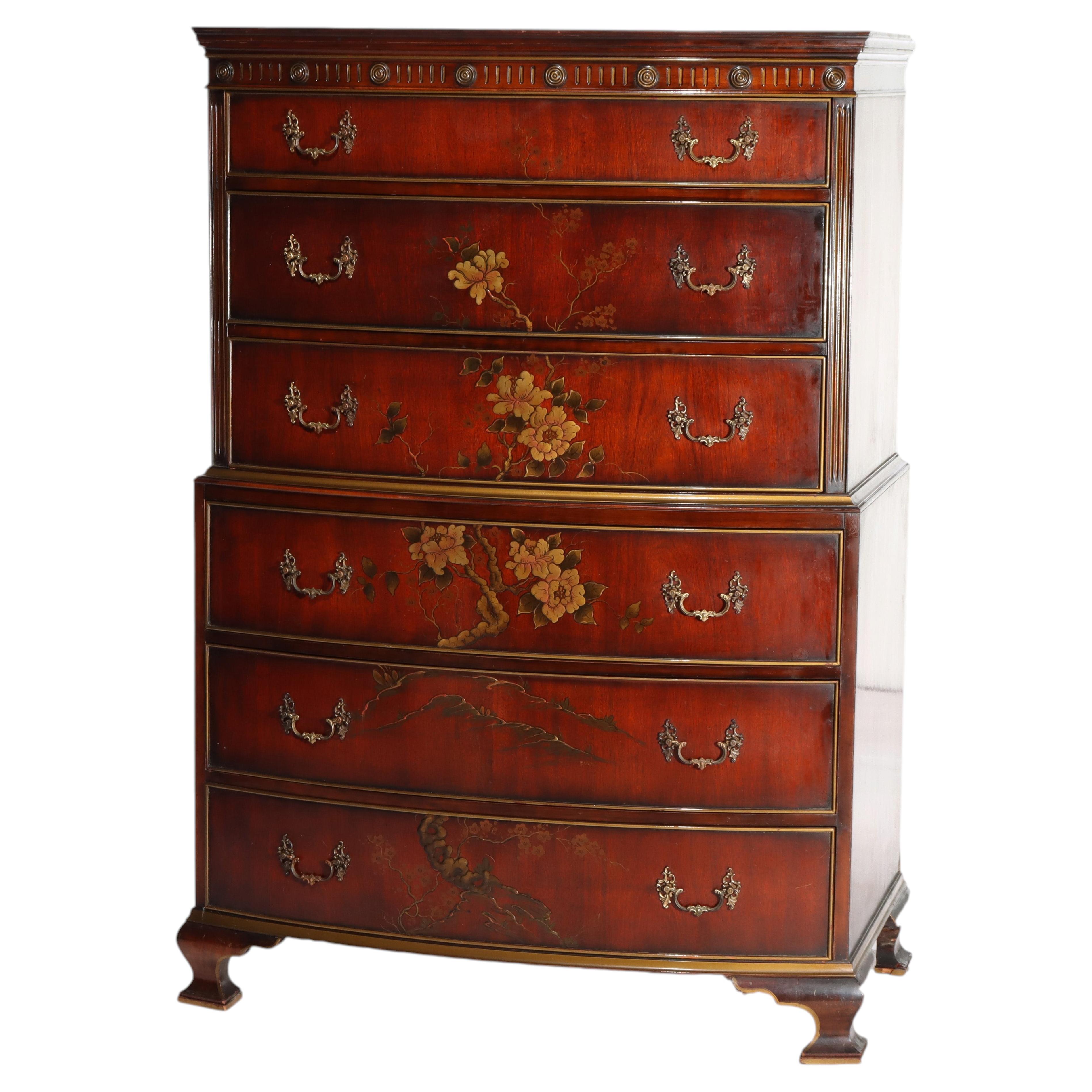 Floral Painted Chinese Chippendale Mahogany Six Drawer Highboy Chest c1920 For Sale