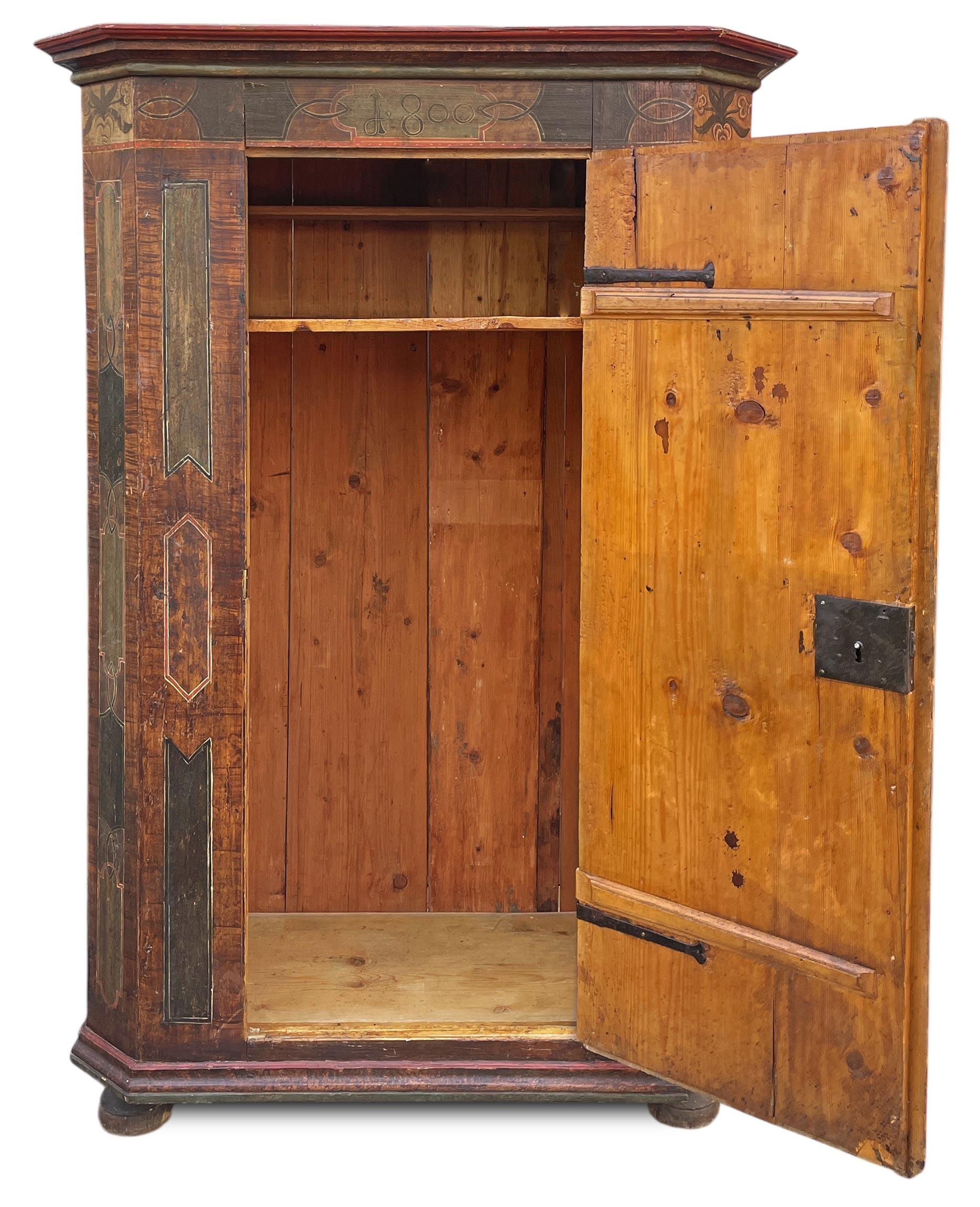 Painted Cupboard dated 1800

Period: Dated 1800
Origin: Tyrol
Wood type: Fir

Dimensions:
H. 173 cm  68.1 in
W. 110 cm (124 cm with cornices)  43.3 in (48.8 in with cornices)
D. 55 cm (62 cm with cornices)  21.7 in (24.4 in with