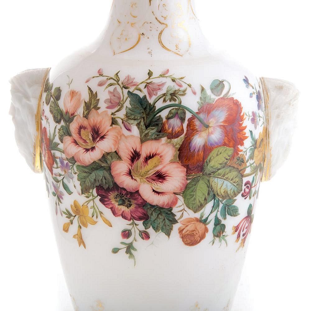 Hand-painted opaline glass vase with pâte de riz applied satyr masks, gilding, turquoise bands and floral bouquets, attributed to Jean Francois Robert (1778-c1855) for Baccarat, circa 1845-1855.