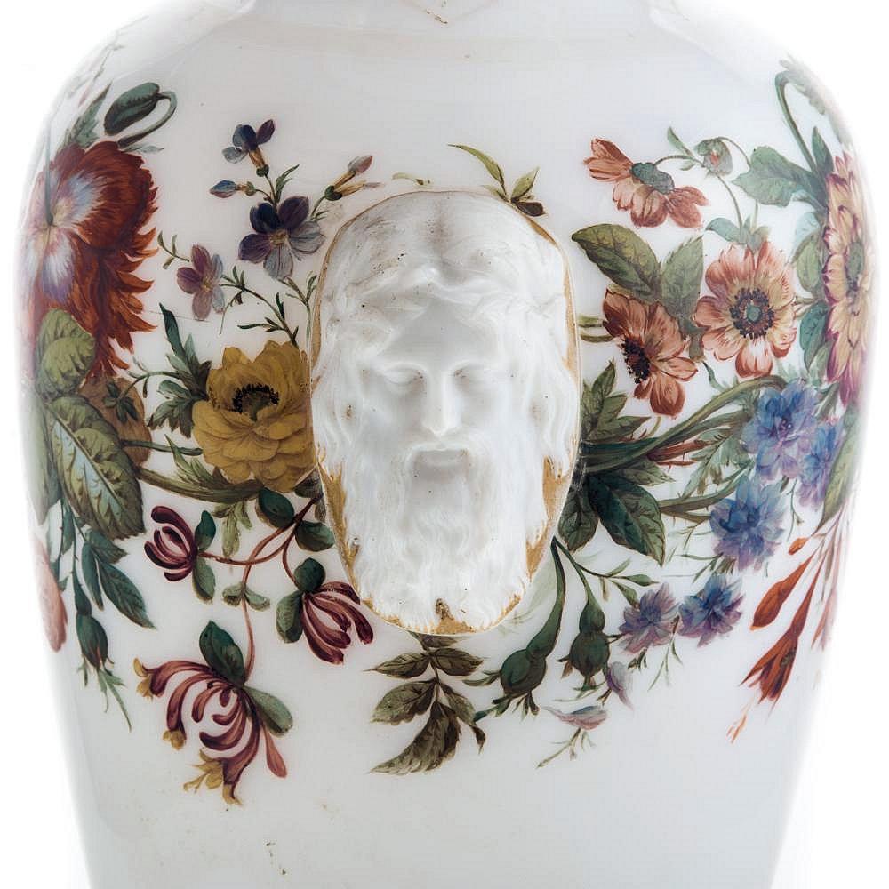 Neoclassical Floral Painted Opaline Glass Vase Attributed to Baccarat For Sale