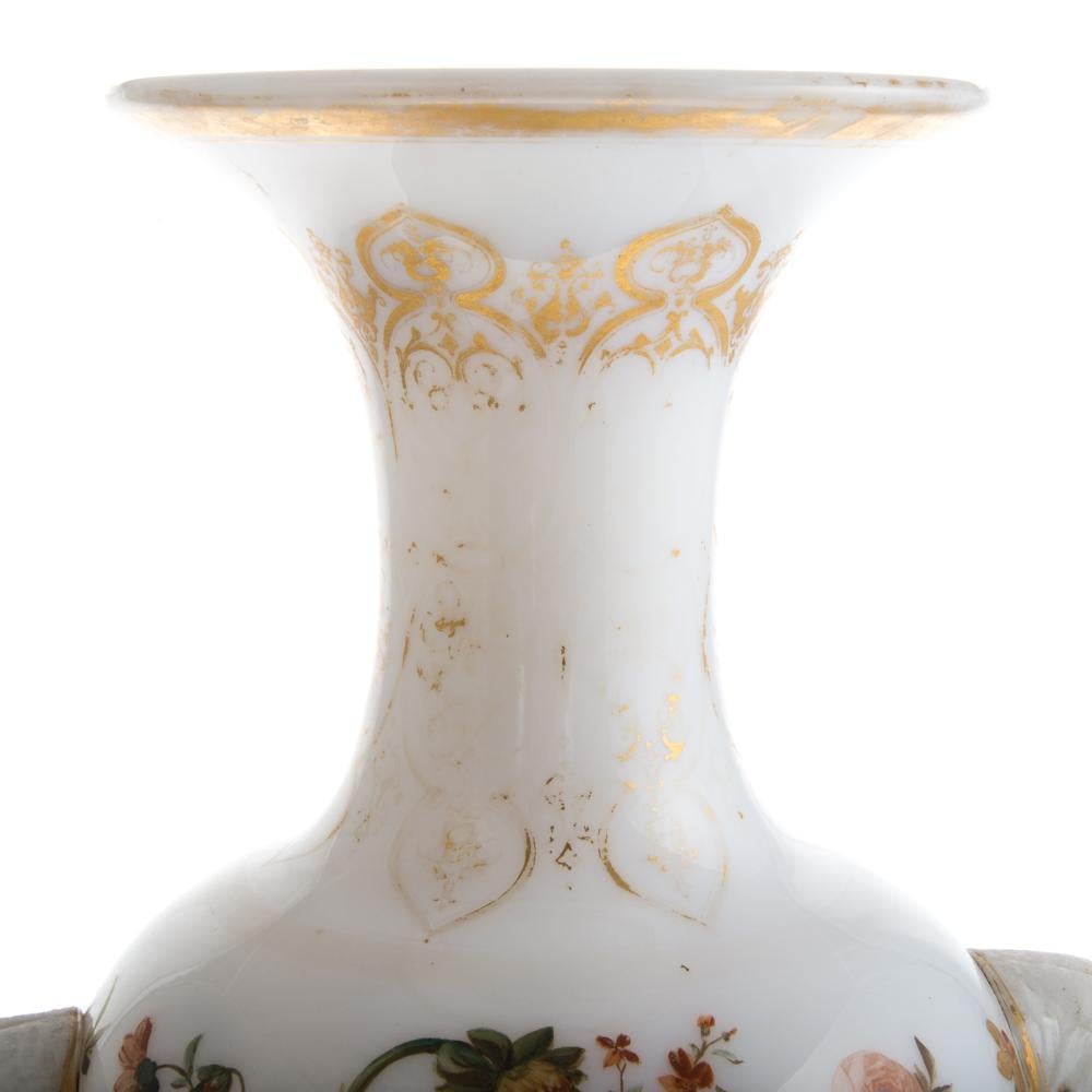 Hand-Painted Floral Painted Opaline Glass Vase Attributed to Baccarat For Sale