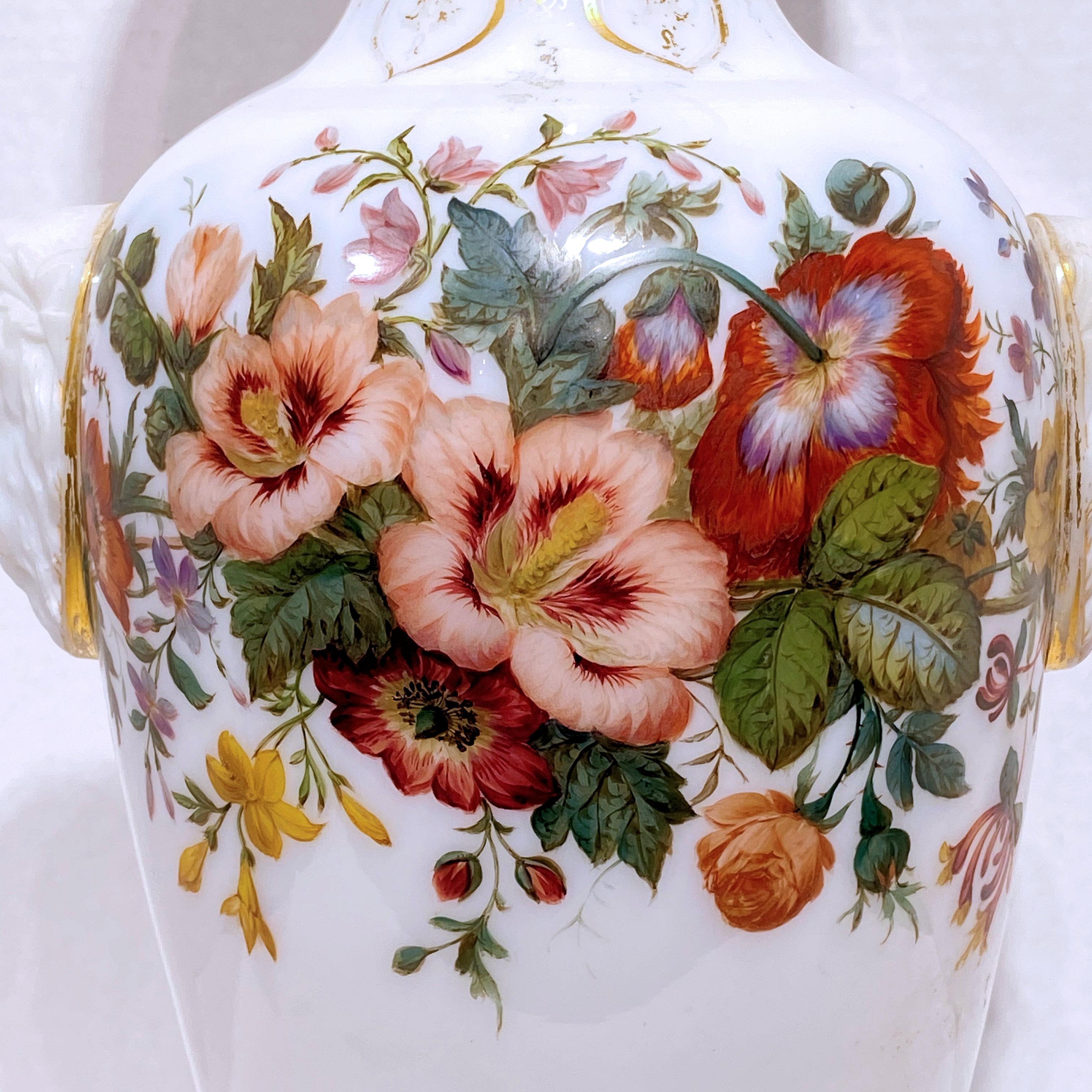 Floral Painted Opaline Glass Vase Attributed to Baccarat In Good Condition For Sale In New York, NY