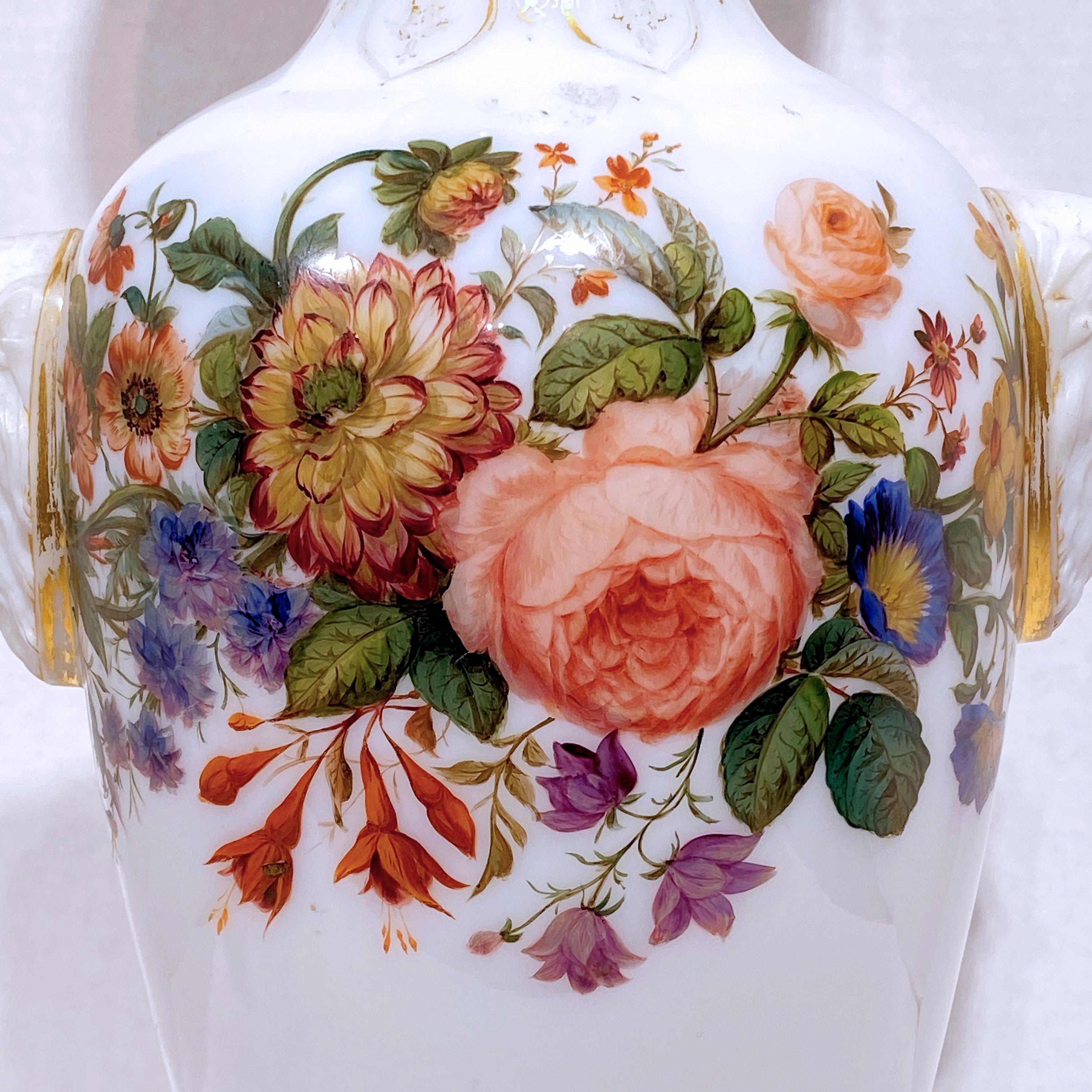 19th Century Floral Painted Opaline Glass Vase Attributed to Baccarat For Sale
