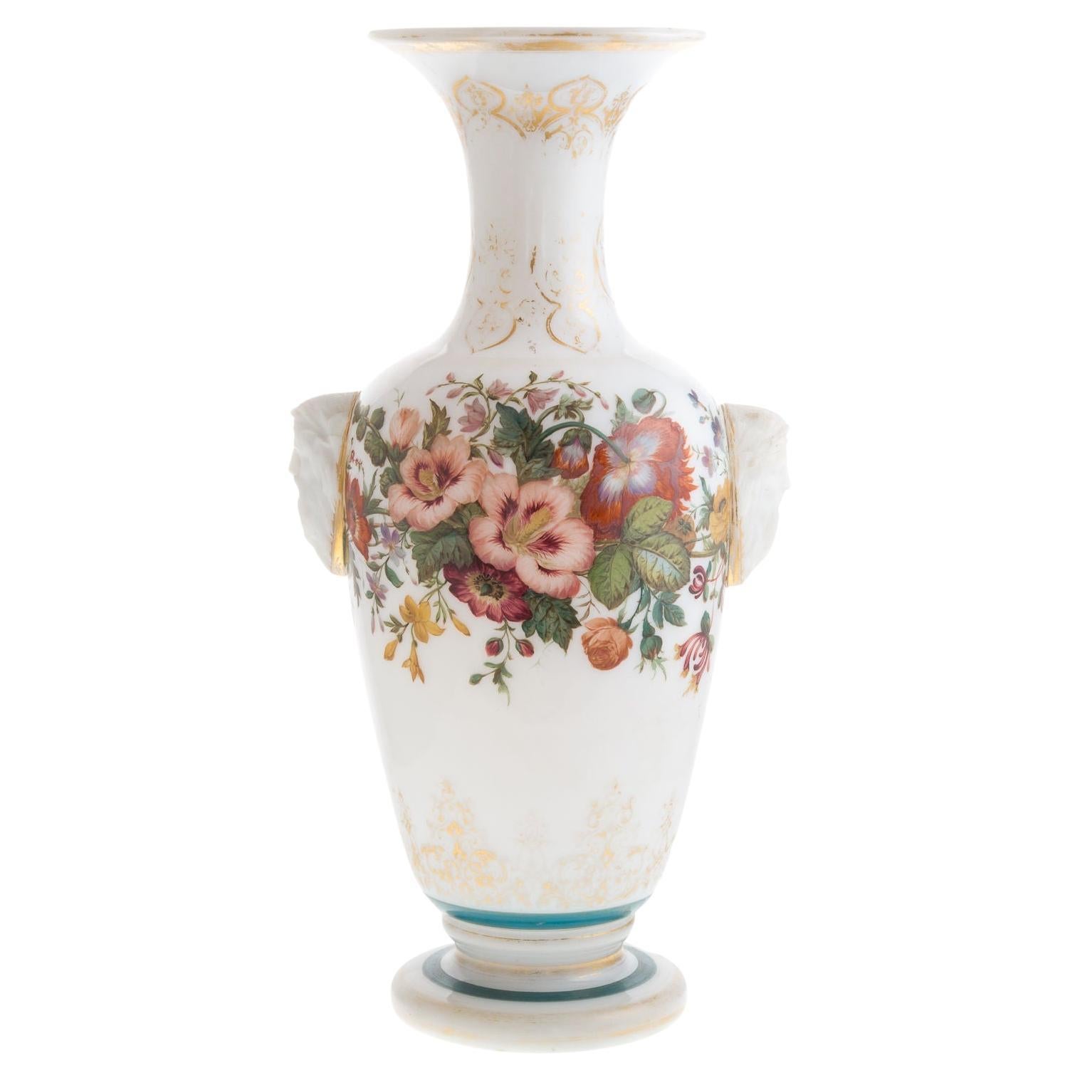 Floral Painted Opaline Glass Vase Attributed to Baccarat For Sale