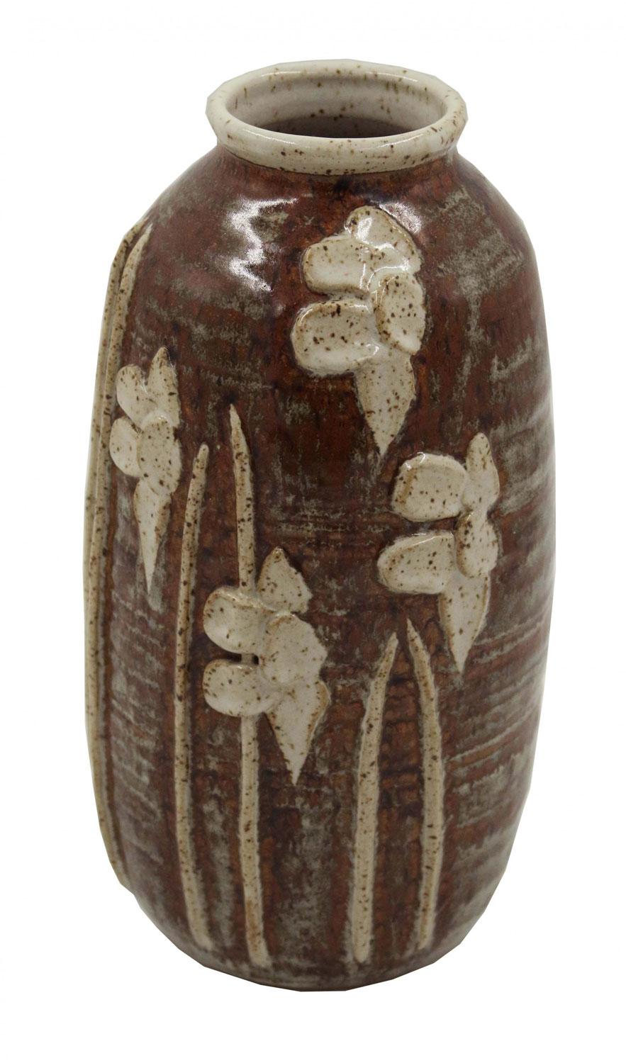 Mid-Century Modern Floral Patterned Brown Earthenware Vase For Sale