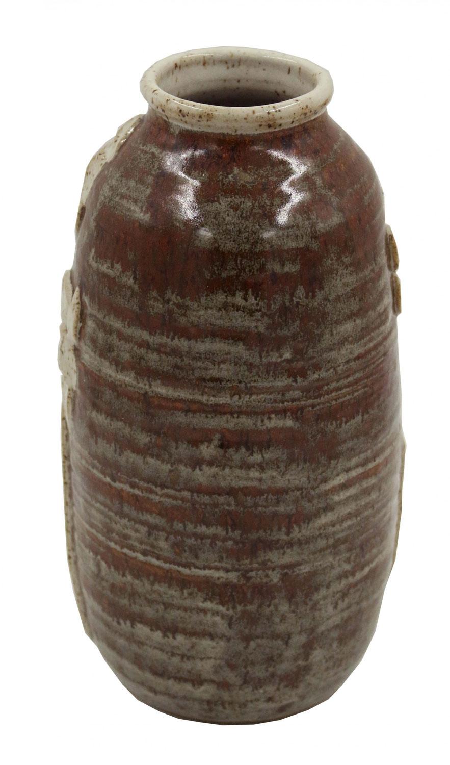 American Floral Patterned Brown Earthenware Vase For Sale