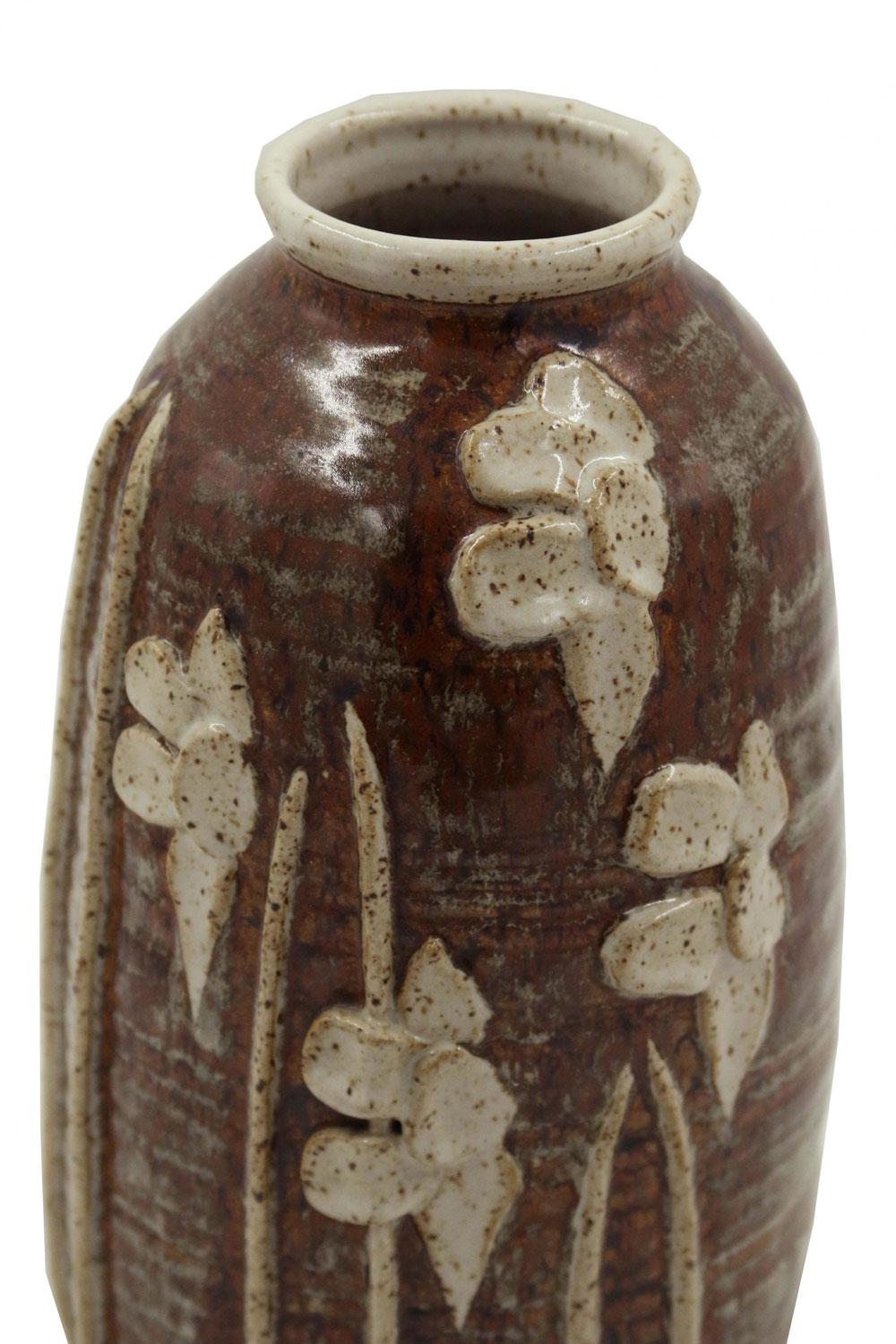20th Century Floral Patterned Brown Earthenware Vase For Sale